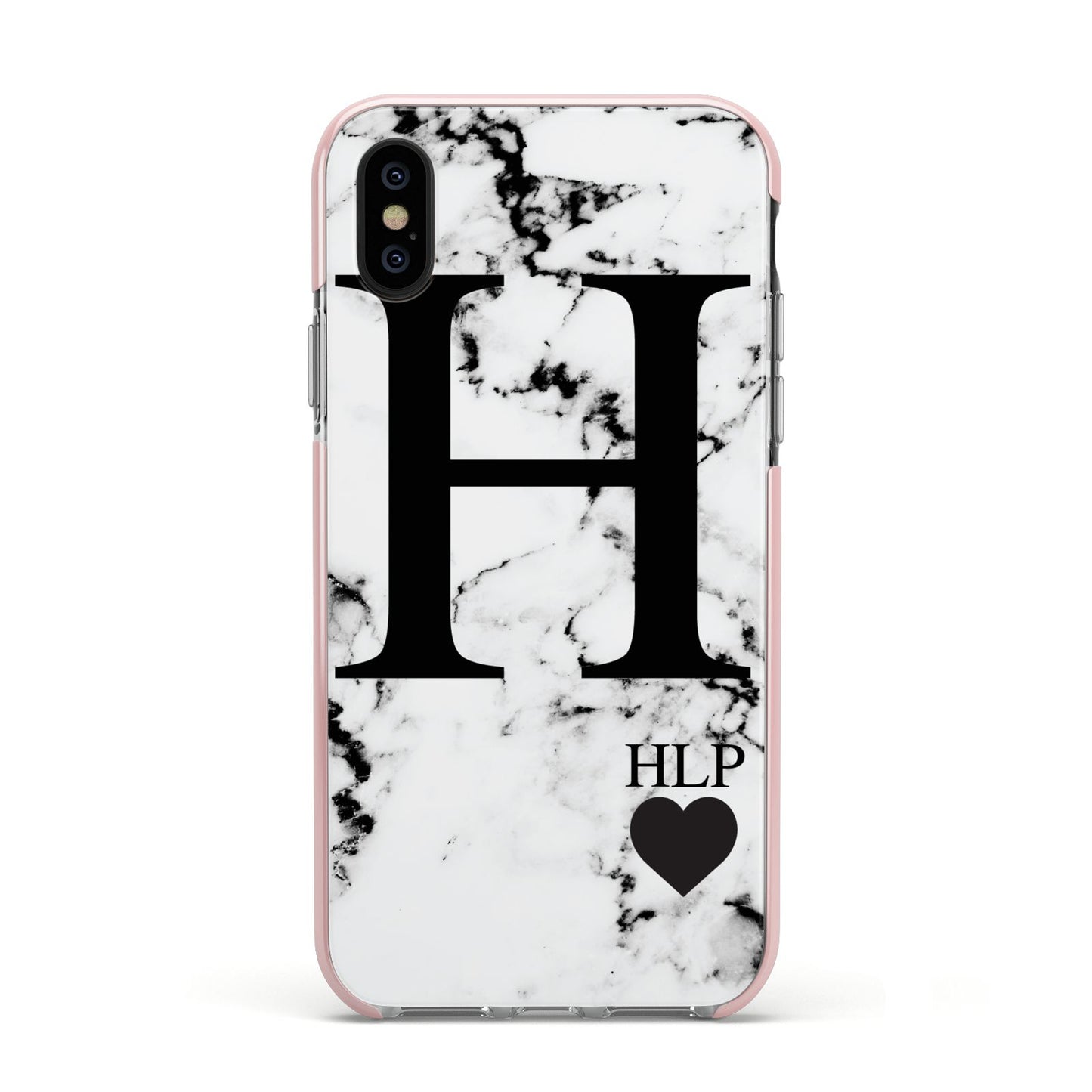 Marble Love Heart Personalised Apple iPhone Xs Impact Case Pink Edge on Black Phone