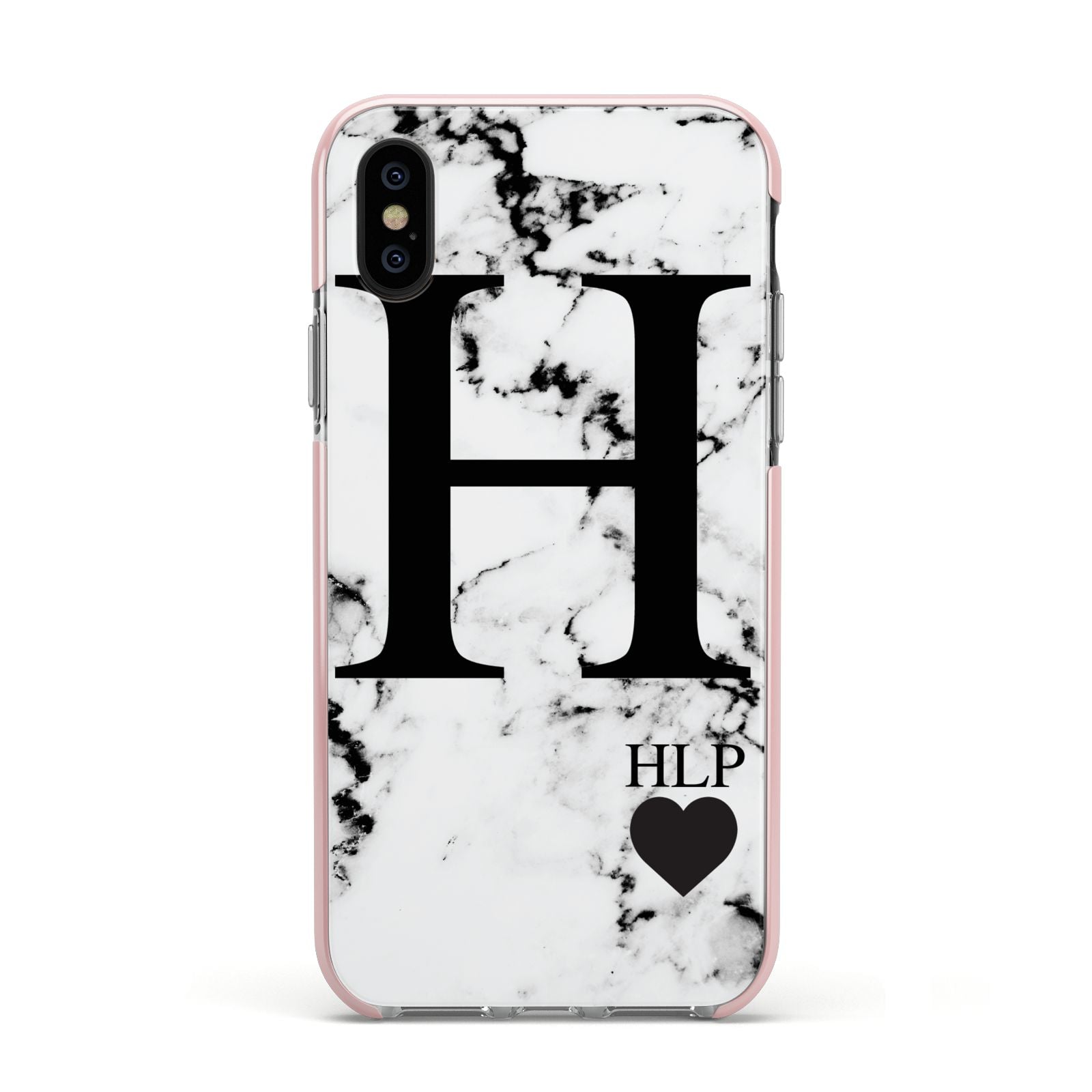 Marble Love Heart Personalised Apple iPhone Xs Impact Case Pink Edge on Black Phone