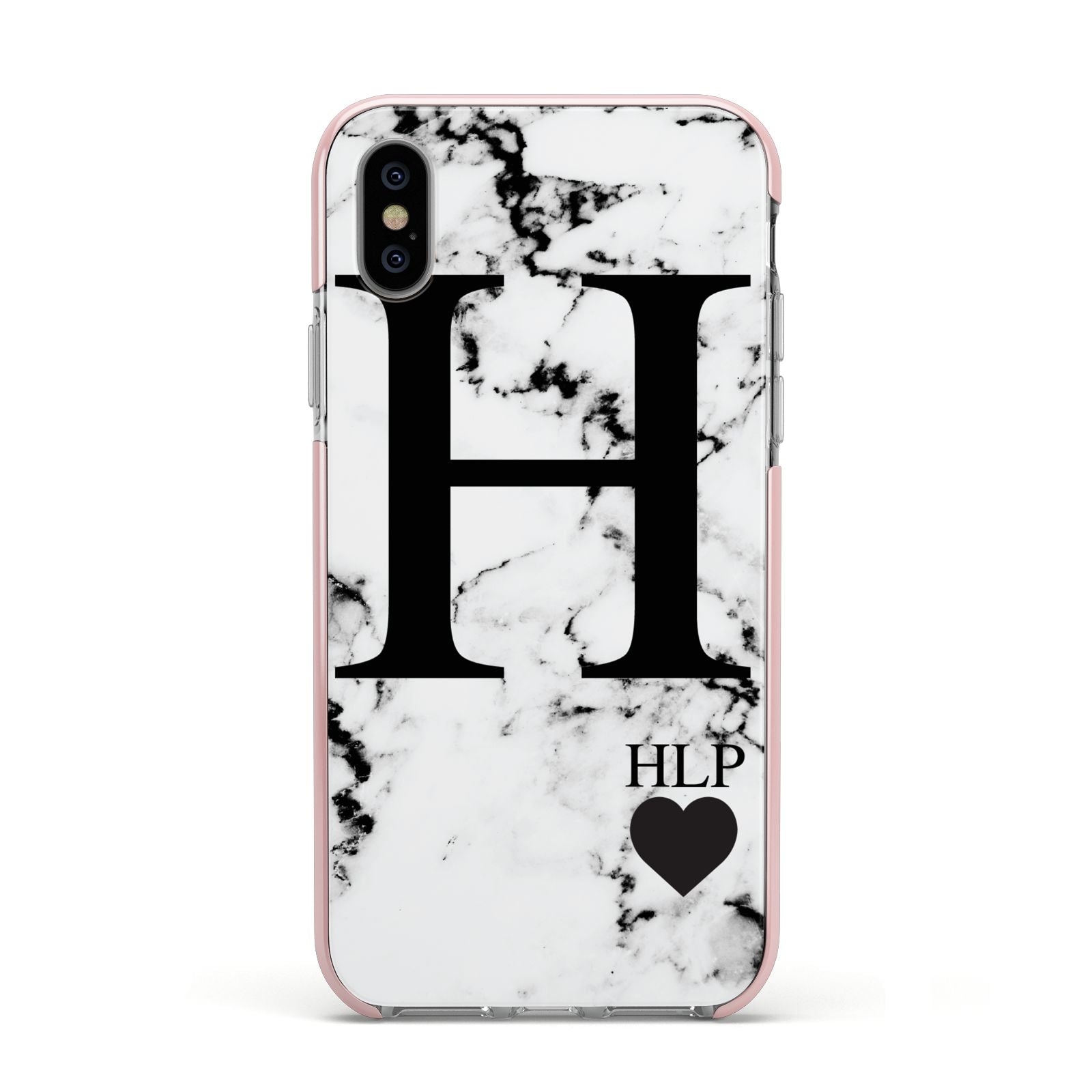 Marble Love Heart Personalised Apple iPhone Xs Impact Case Pink Edge on Silver Phone