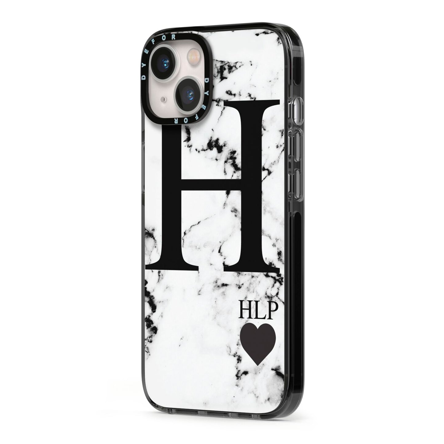 Marble Love Heart Personalised iPhone 13 Black Impact Case Side Angle on Silver phone
