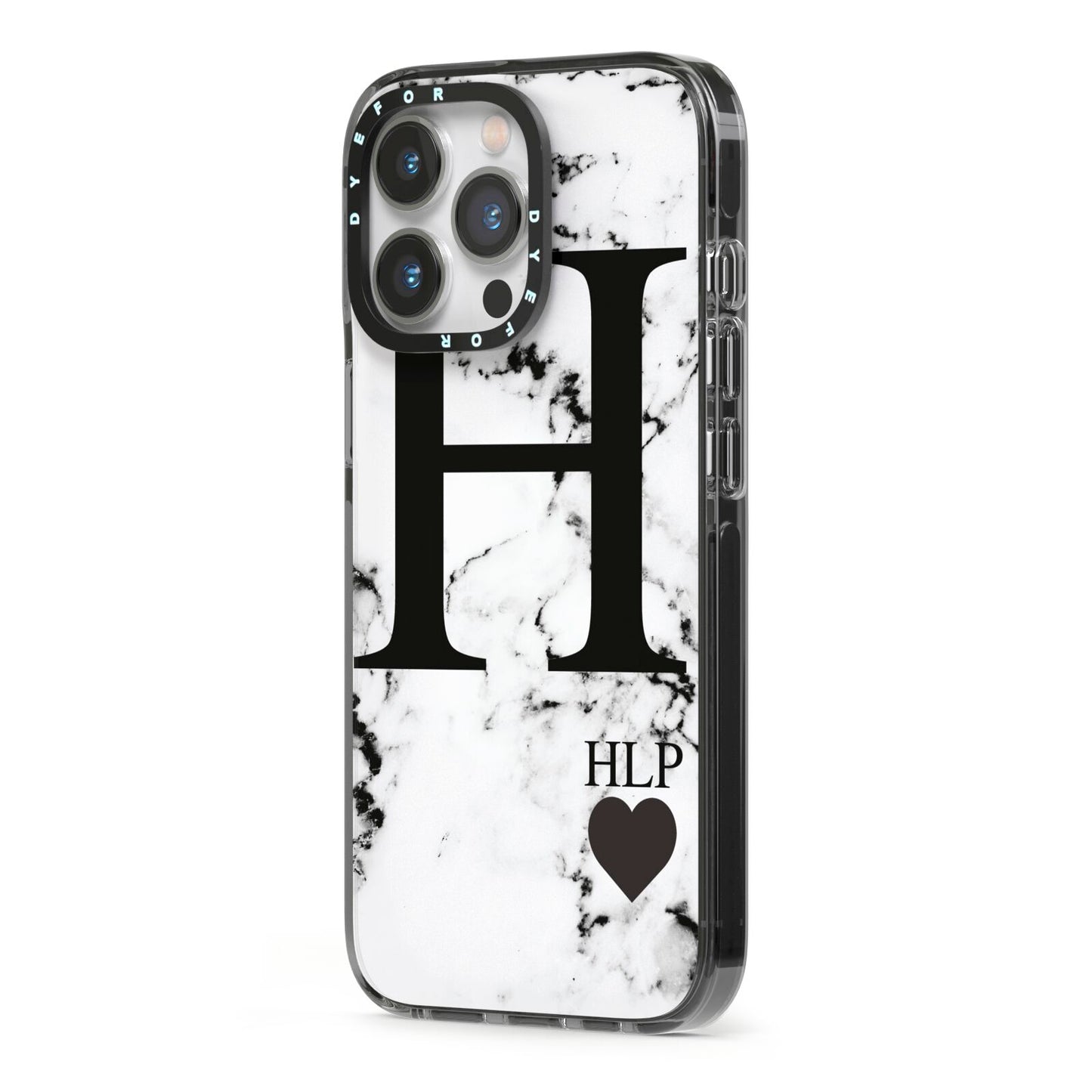 Marble Love Heart Personalised iPhone 13 Pro Black Impact Case Side Angle on Silver phone