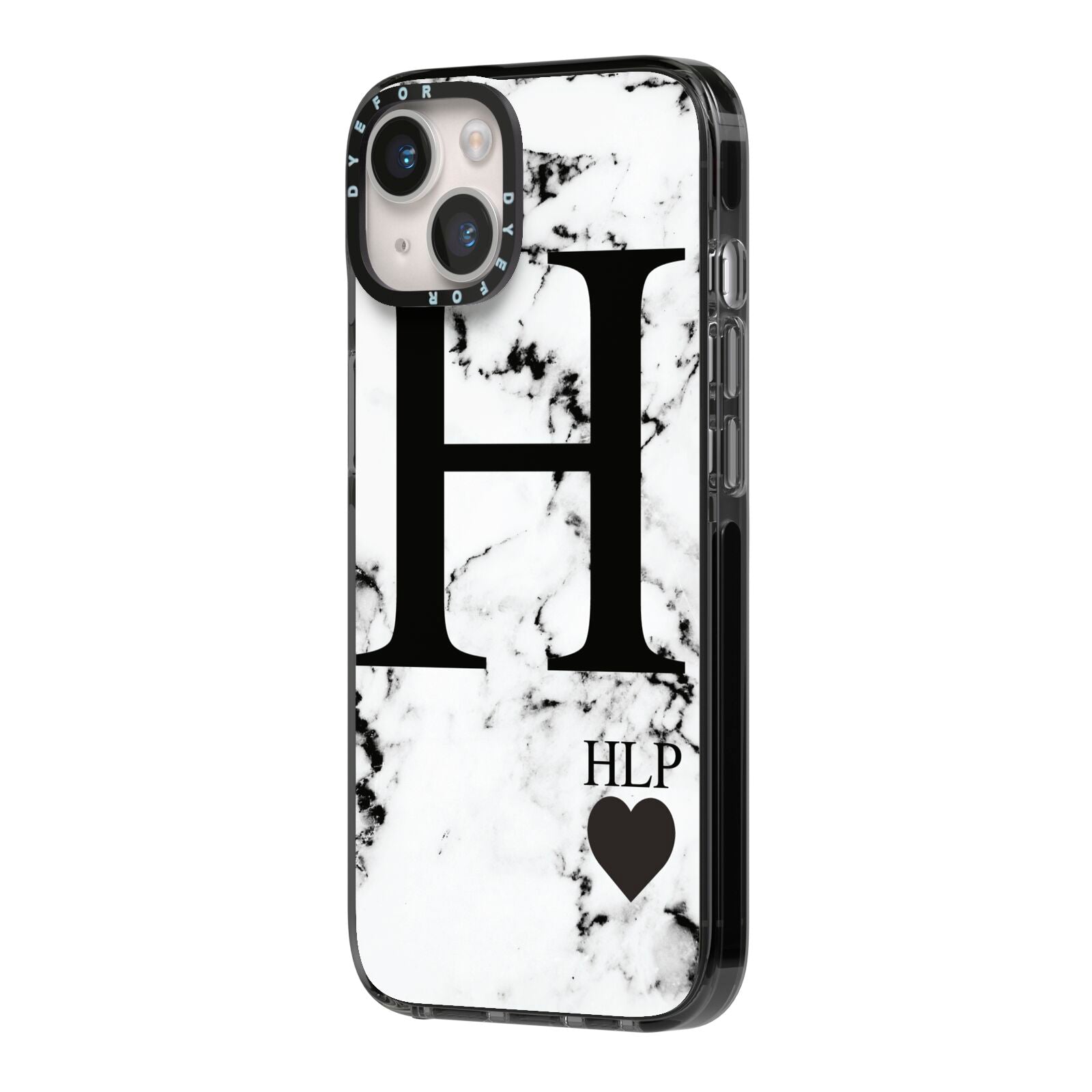 Marble Love Heart Personalised iPhone 14 Black Impact Case Side Angle on Silver phone