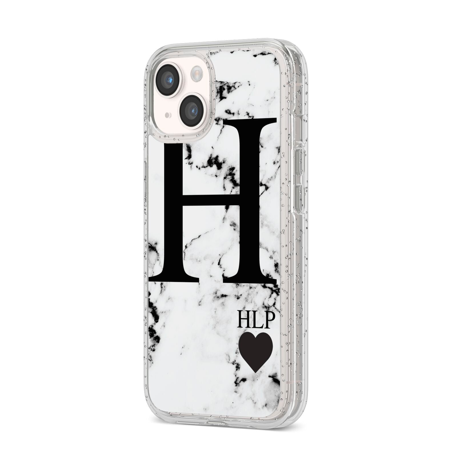 Marble Love Heart Personalised iPhone 14 Glitter Tough Case Starlight Angled Image