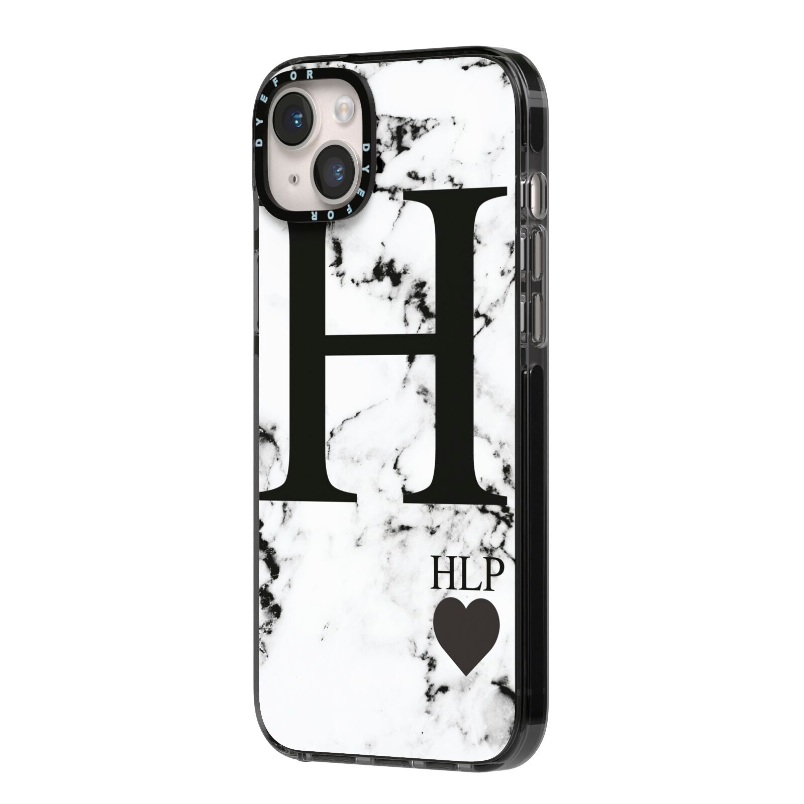 Marble Love Heart Personalised iPhone 14 Plus Black Impact Case Side Angle on Silver phone