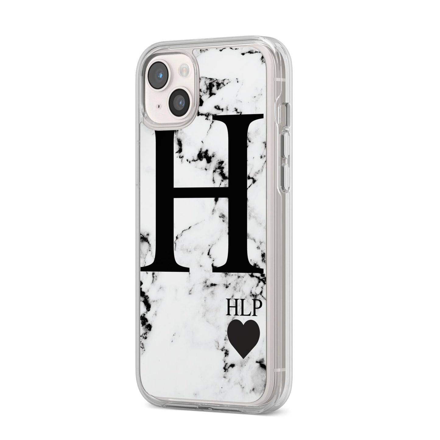 Marble Love Heart Personalised iPhone 14 Plus Clear Tough Case Starlight Angled Image