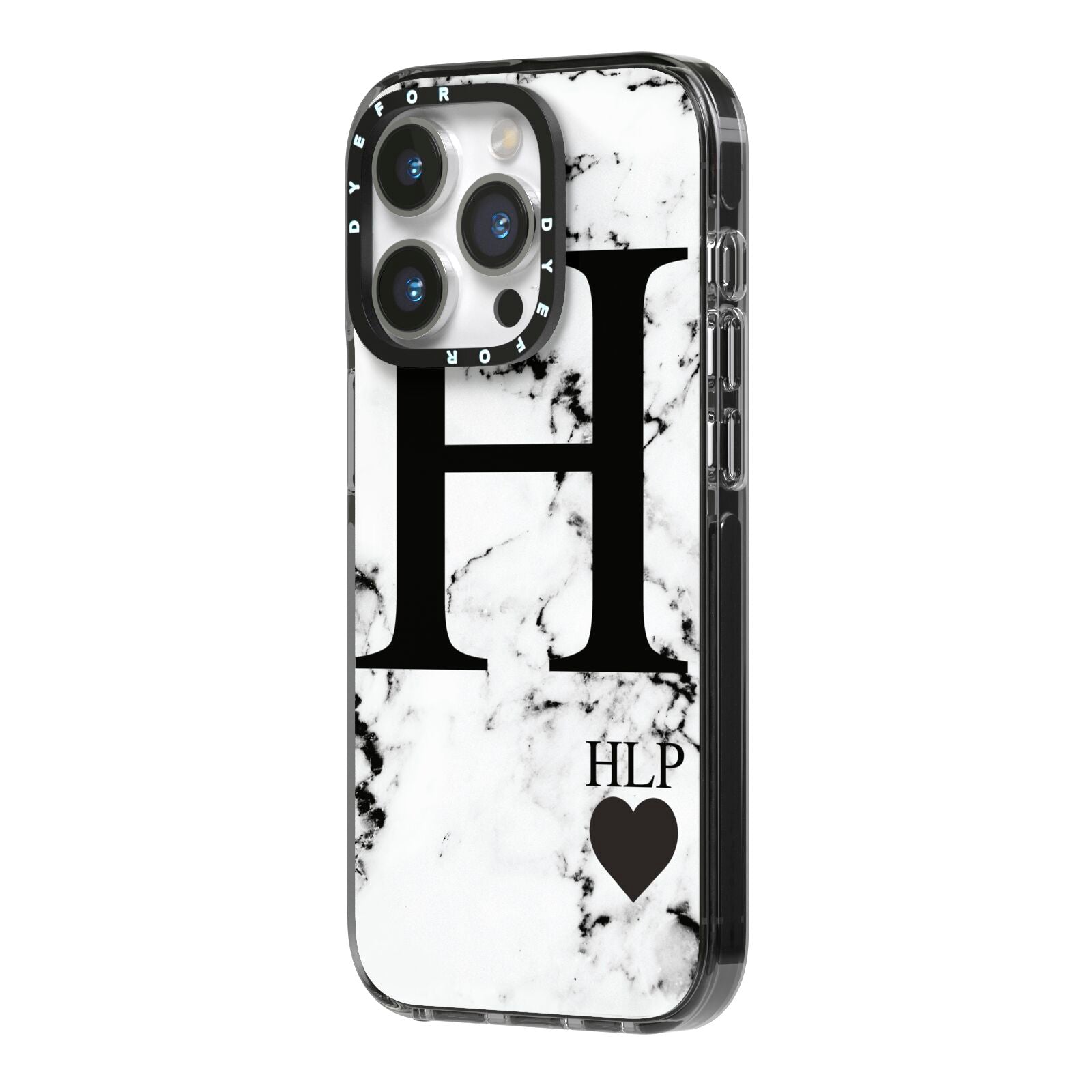 Marble Love Heart Personalised iPhone 14 Pro Black Impact Case Side Angle on Silver phone