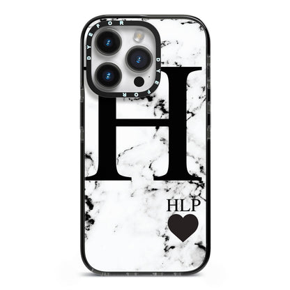 Marble Love Heart Personalised iPhone 14 Pro Black Impact Case on Silver phone