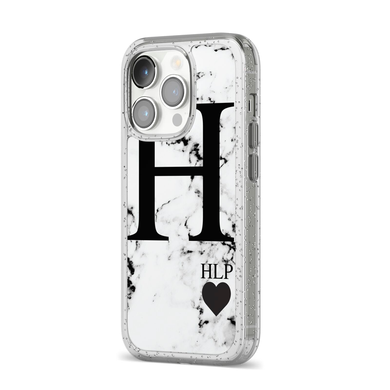 Marble Love Heart Personalised iPhone 14 Pro Glitter Tough Case Silver Angled Image