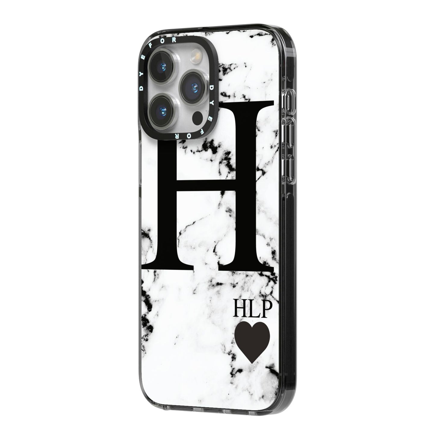 Marble Love Heart Personalised iPhone 14 Pro Max Black Impact Case Side Angle on Silver phone