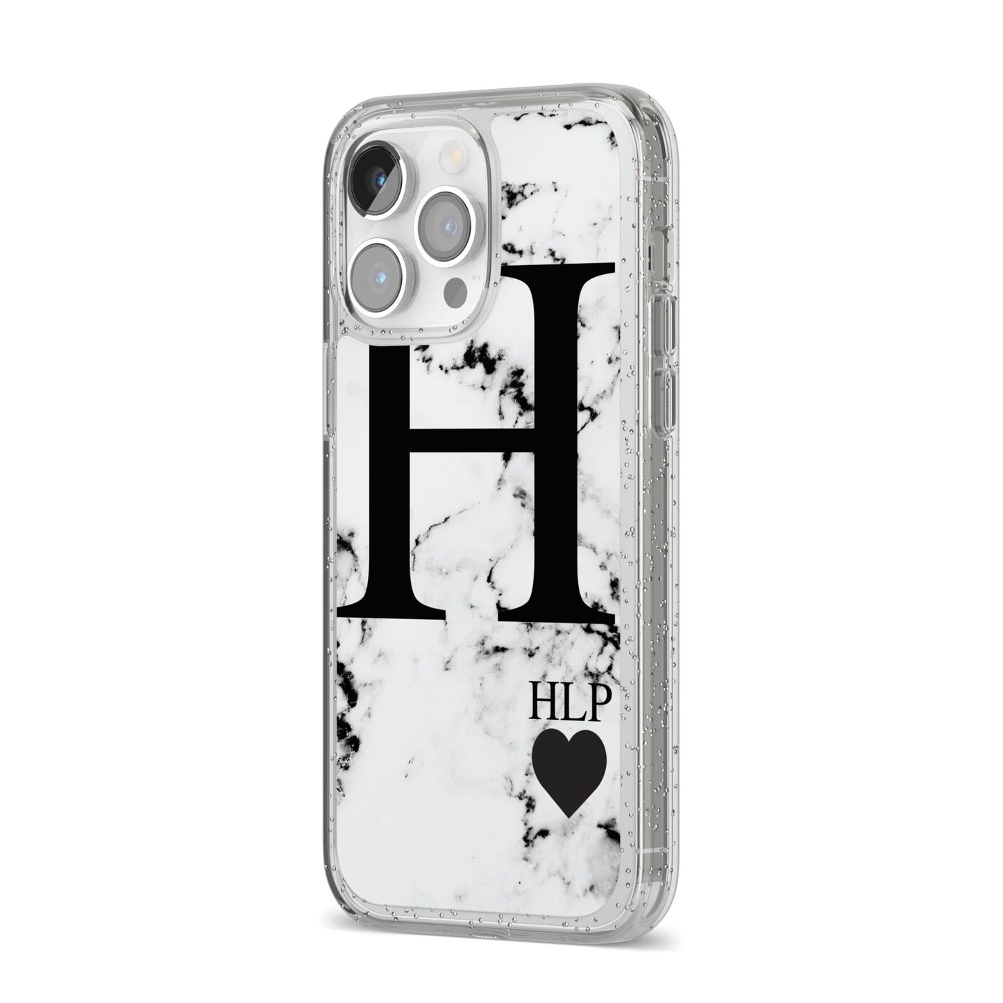 Marble Love Heart Personalised iPhone 14 Pro Max Glitter Tough Case Silver Angled Image