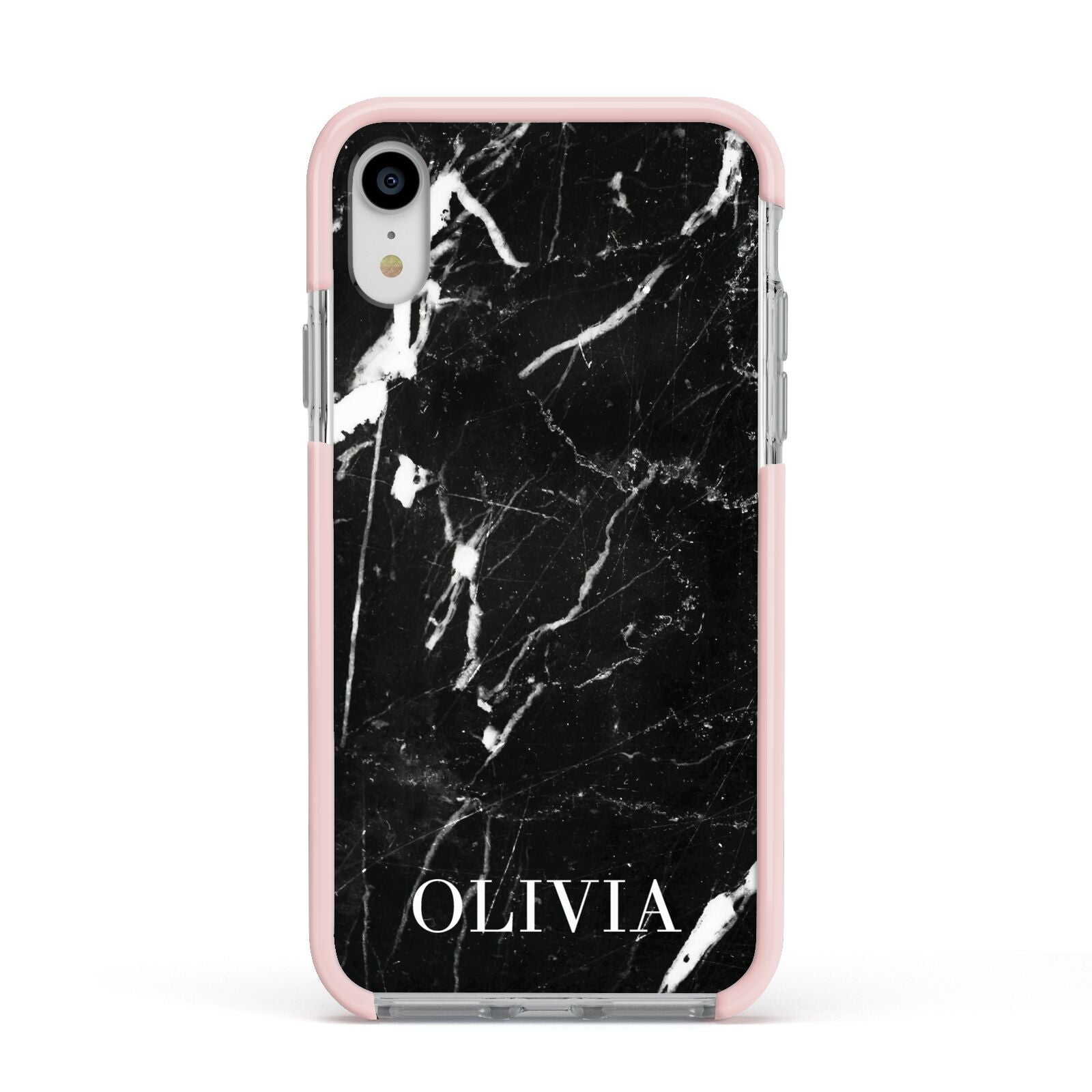 Marble Name Personalised Apple iPhone XR Impact Case Pink Edge on Silver Phone