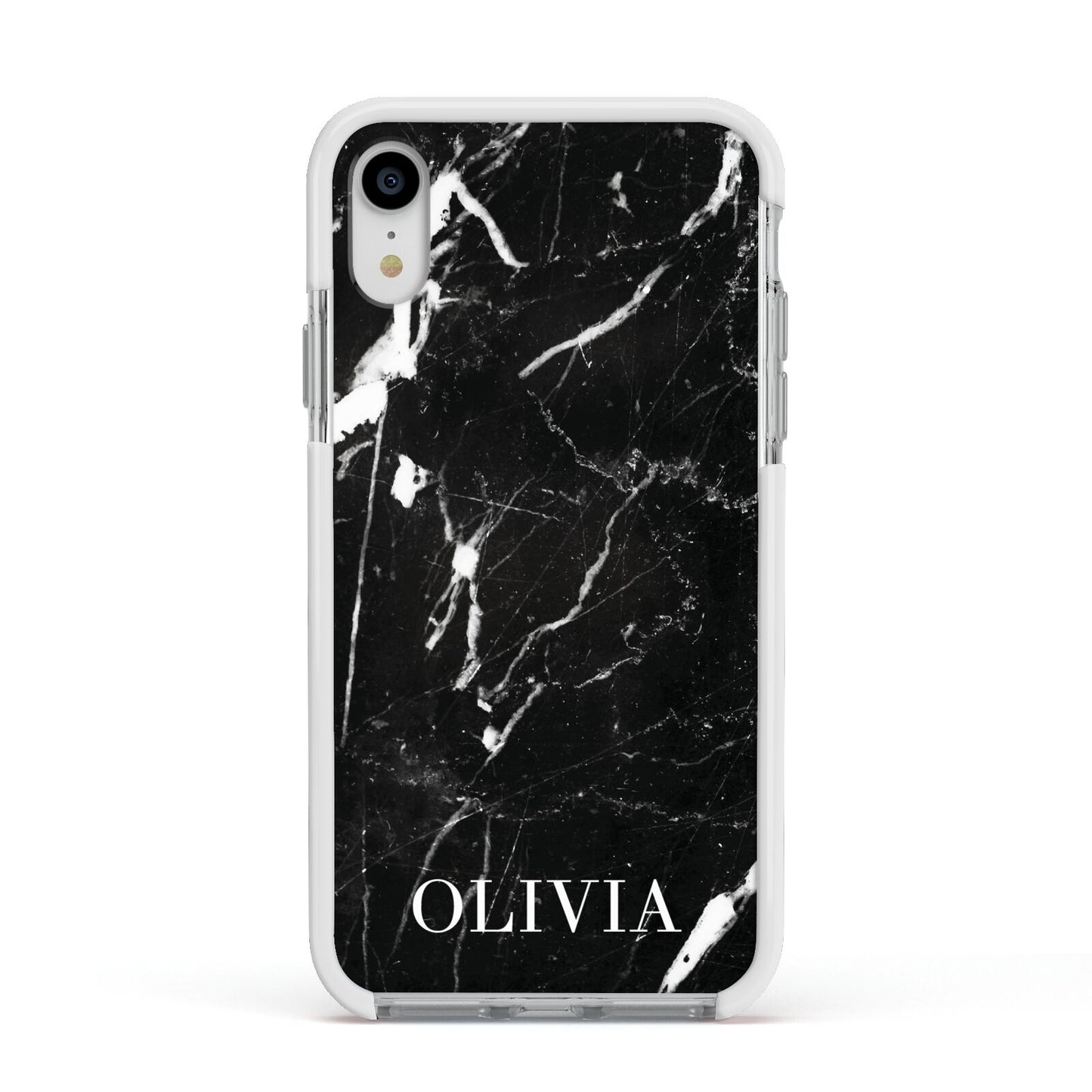 Marble Name Personalised Apple iPhone XR Impact Case White Edge on Silver Phone