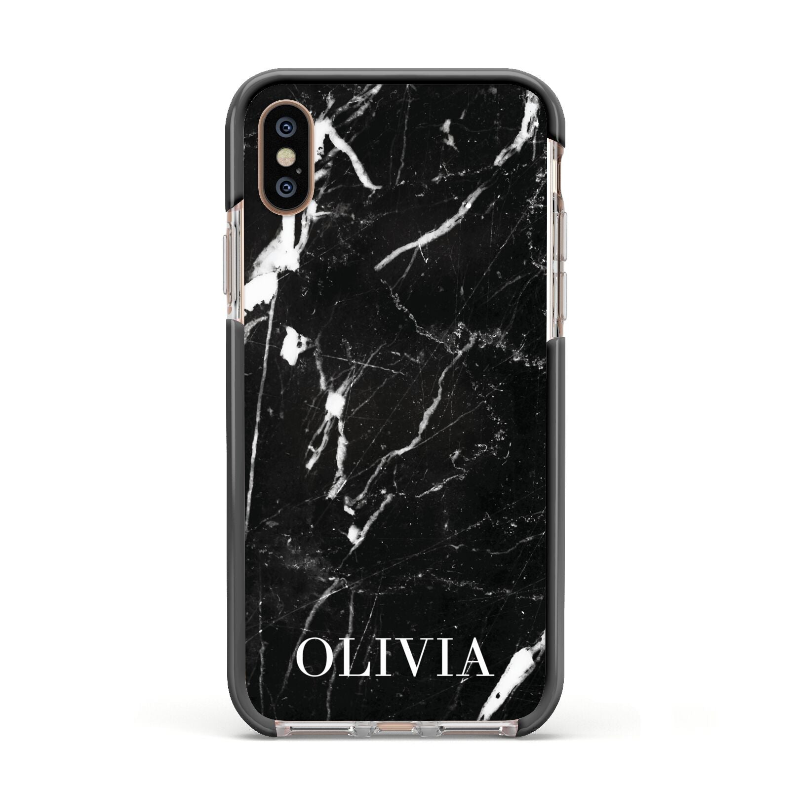 Marble Name Personalised Apple iPhone Xs Impact Case Black Edge on Gold Phone