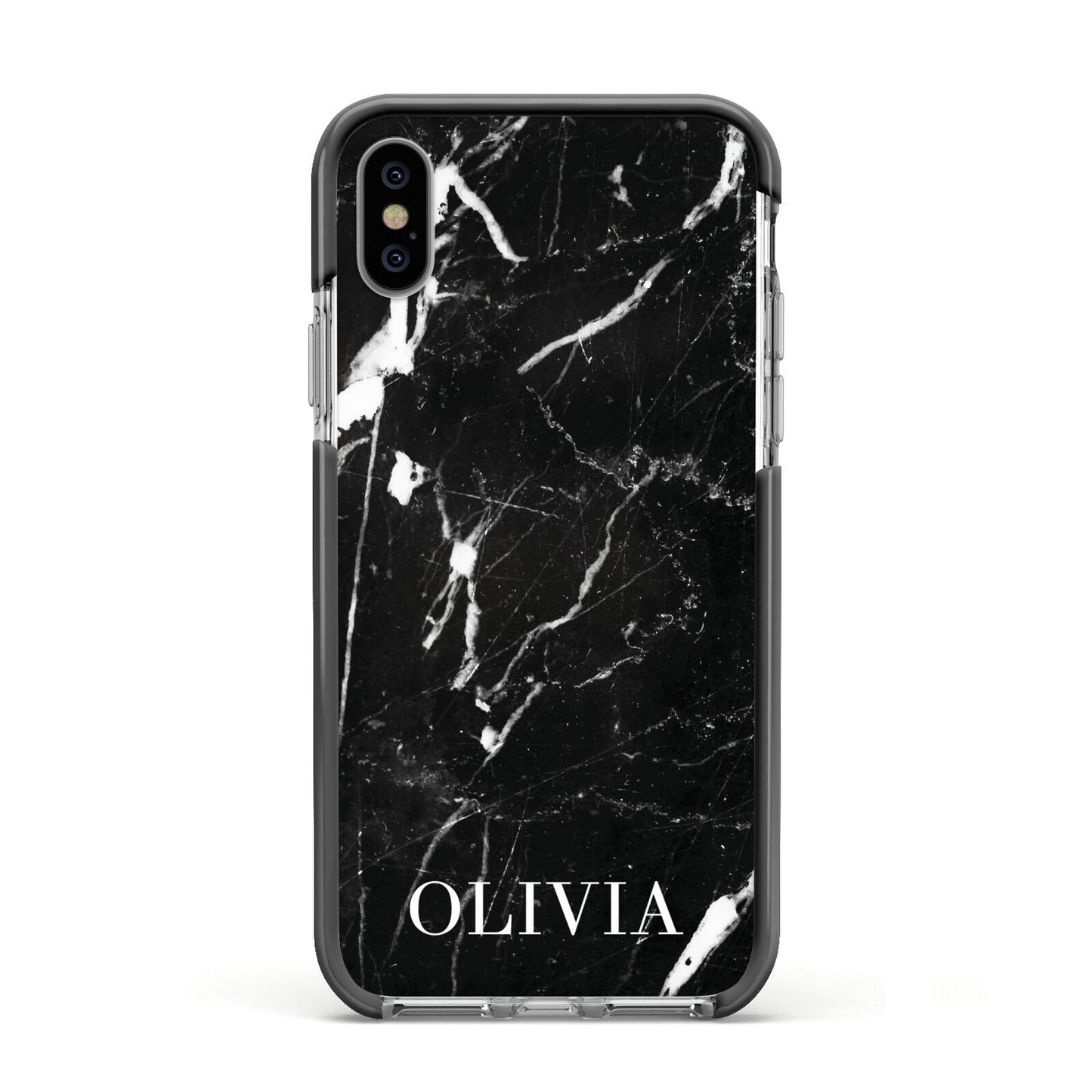 Marble Name Personalised Apple iPhone Xs Impact Case Black Edge on Silver Phone