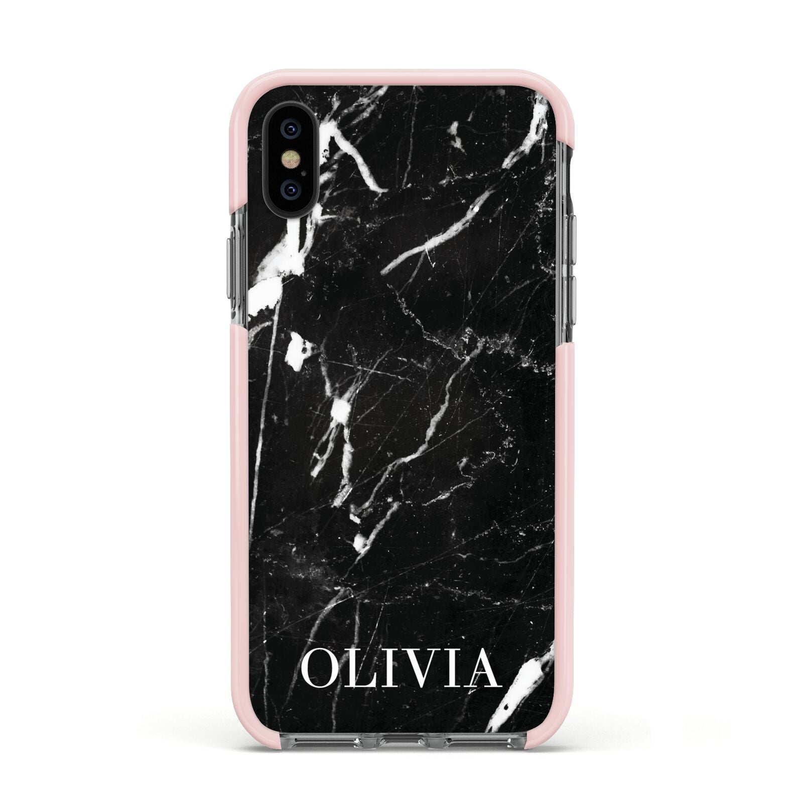 Marble Name Personalised Apple iPhone Xs Impact Case Pink Edge on Black Phone
