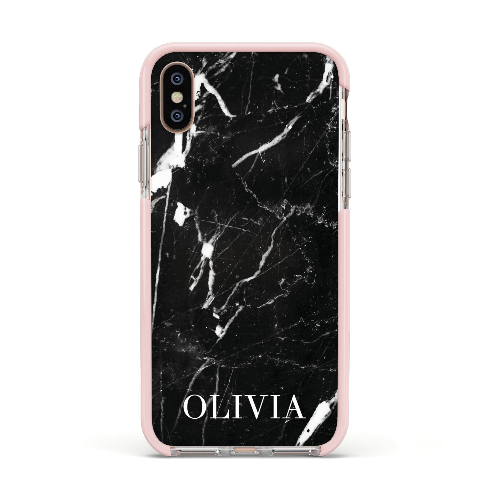 Marble Name Personalised Apple iPhone Xs Impact Case Pink Edge on Gold Phone