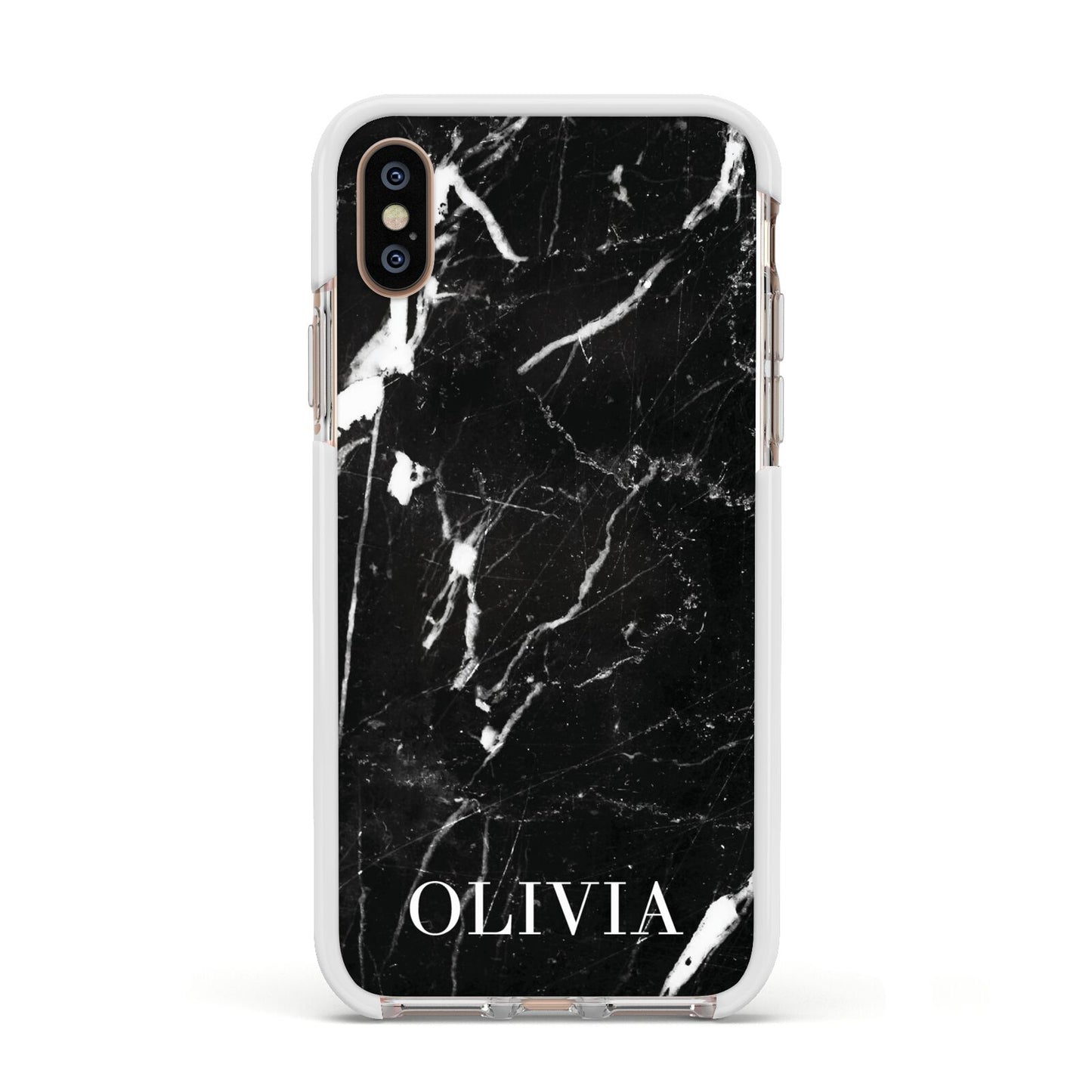 Marble Name Personalised Apple iPhone Xs Impact Case White Edge on Gold Phone