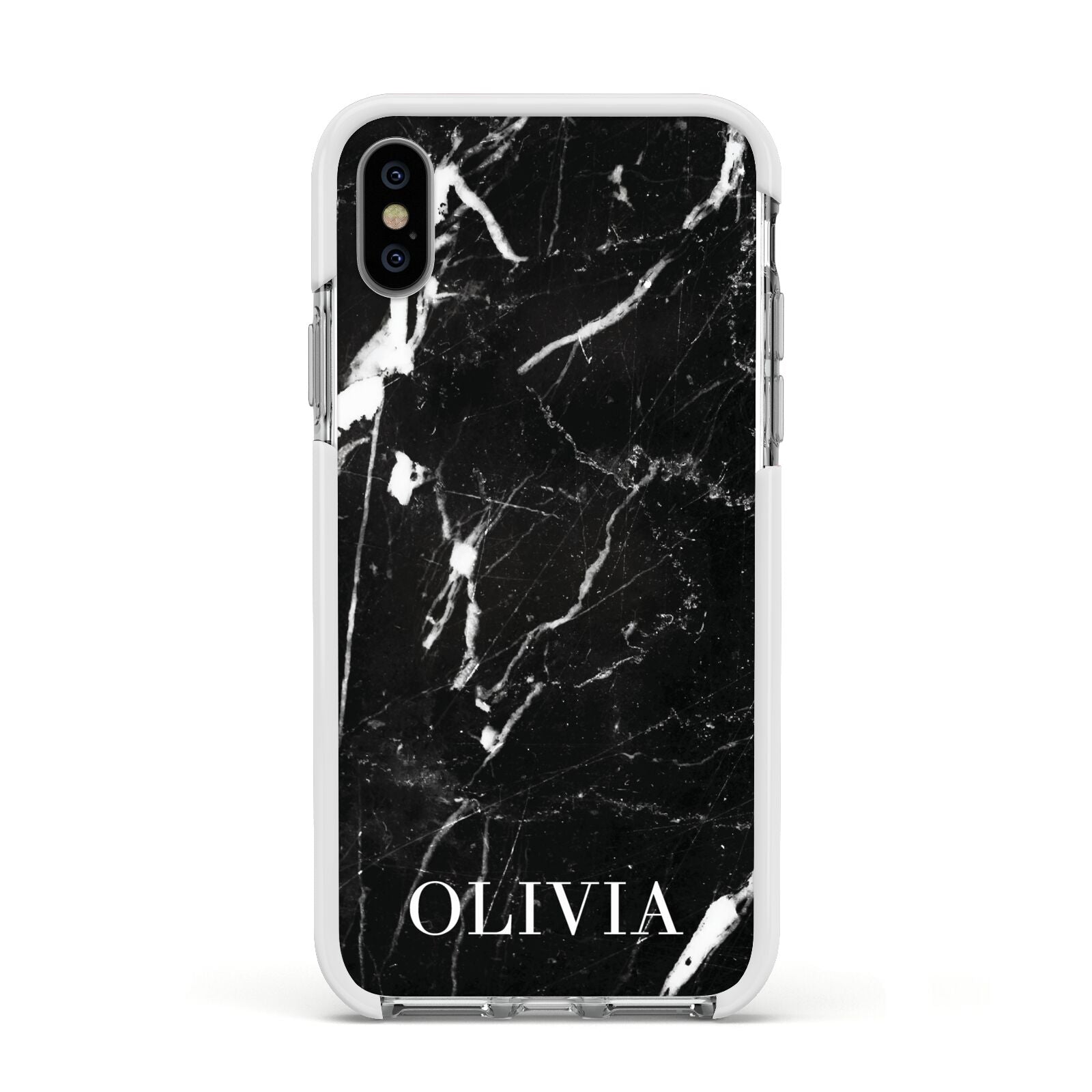Marble Name Personalised Apple iPhone Xs Impact Case White Edge on Silver Phone