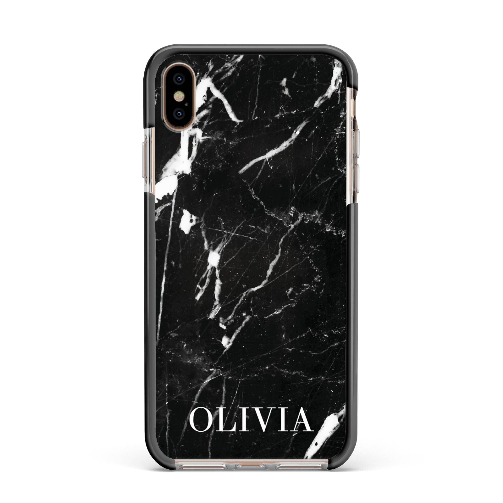 Marble Name Personalised Apple iPhone Xs Max Impact Case Black Edge on Gold Phone