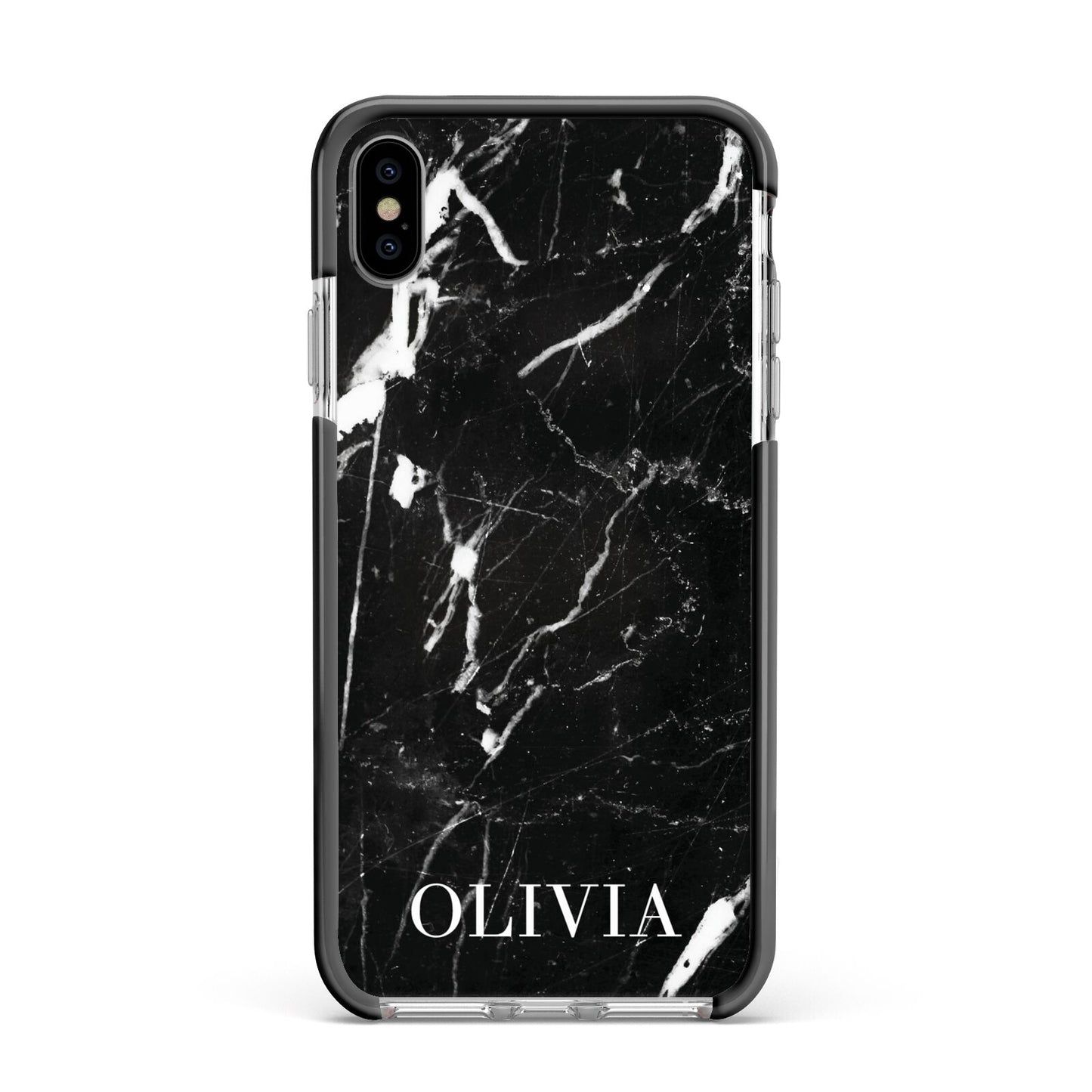 Marble Name Personalised Apple iPhone Xs Max Impact Case Black Edge on Silver Phone