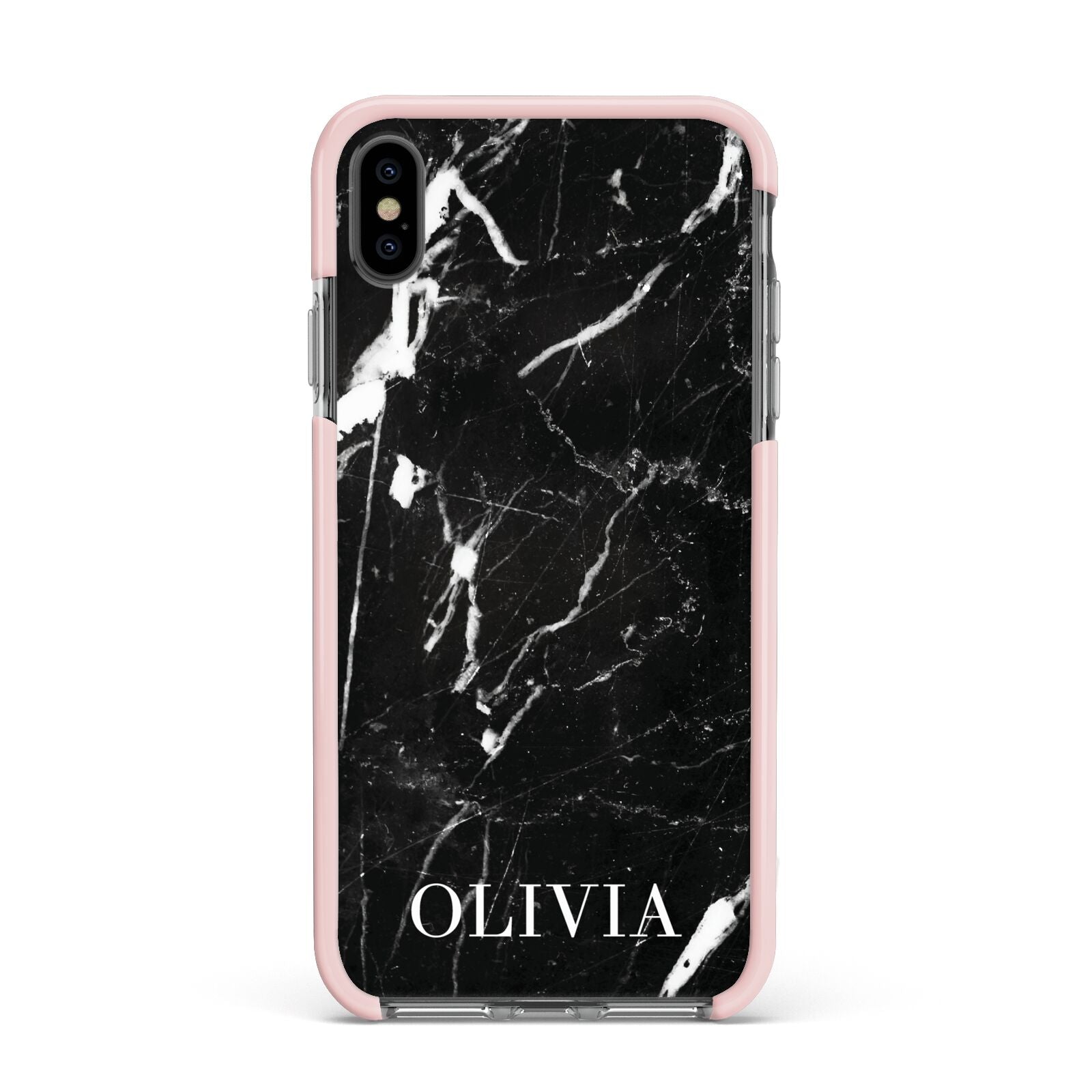 Marble Name Personalised Apple iPhone Xs Max Impact Case Pink Edge on Black Phone