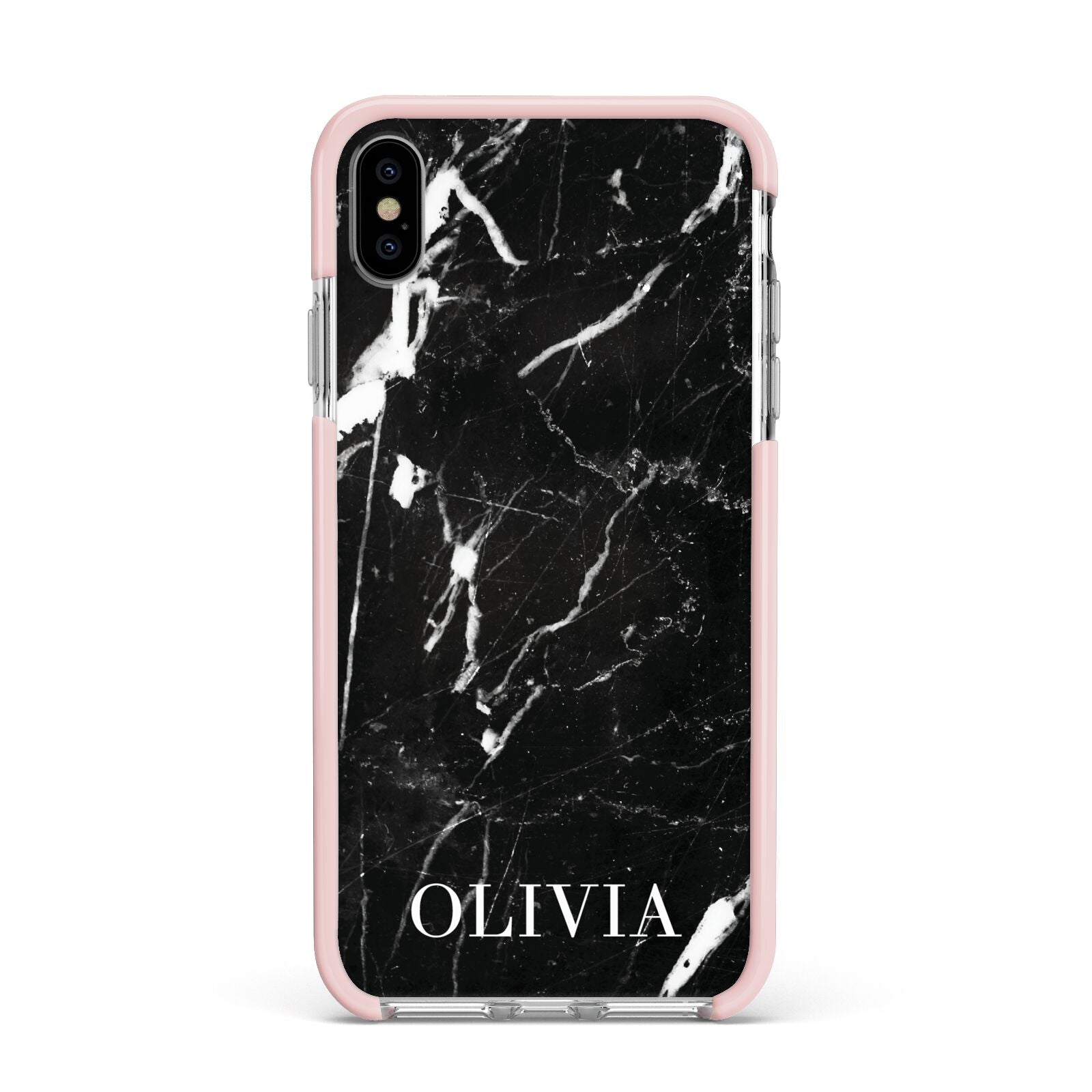 Marble Name Personalised Apple iPhone Xs Max Impact Case Pink Edge on Silver Phone