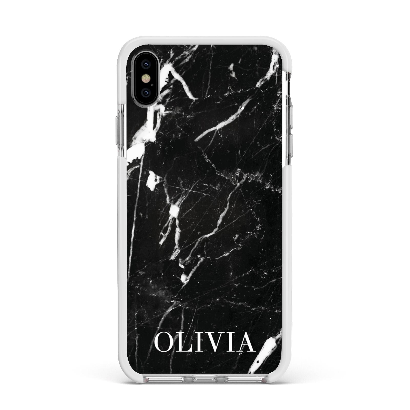 Marble Name Personalised Apple iPhone Xs Max Impact Case White Edge on Silver Phone
