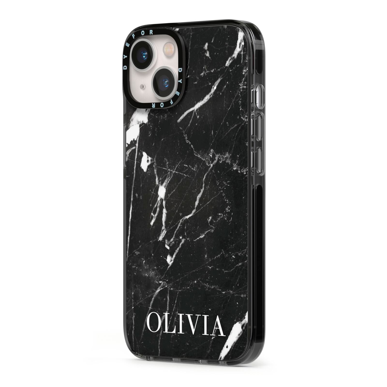 Marble Name Personalised iPhone 13 Black Impact Case Side Angle on Silver phone