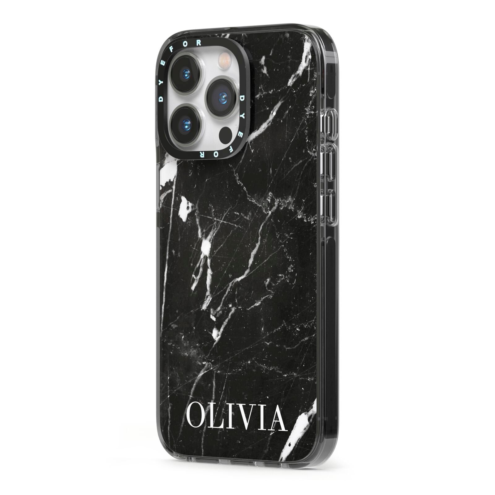 Marble Name Personalised iPhone 13 Pro Black Impact Case Side Angle on Silver phone