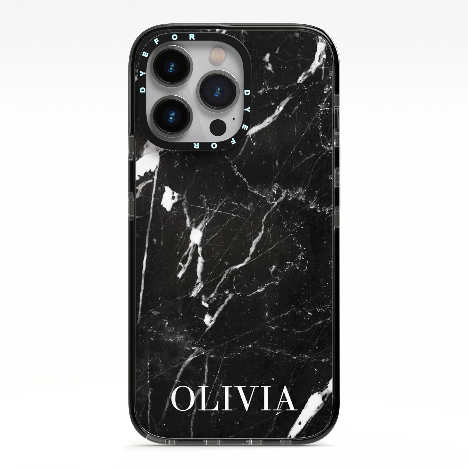 Marble Name Personalised iPhone 13 Pro Black Impact Case on Silver phone