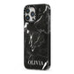 Marble Name Personalised iPhone 13 Pro Max Black Impact Case Side Angle on Silver phone