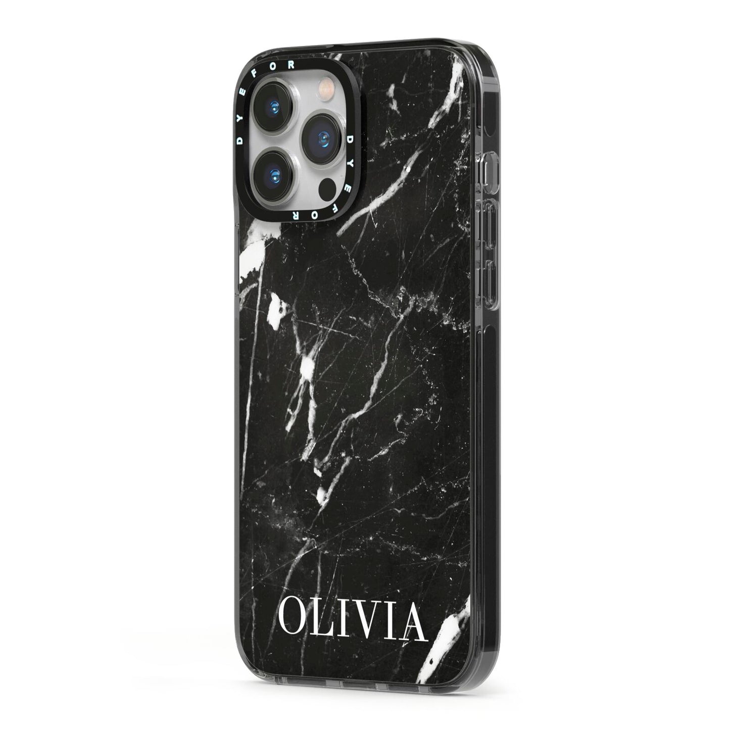 Marble Name Personalised iPhone 13 Pro Max Black Impact Case Side Angle on Silver phone