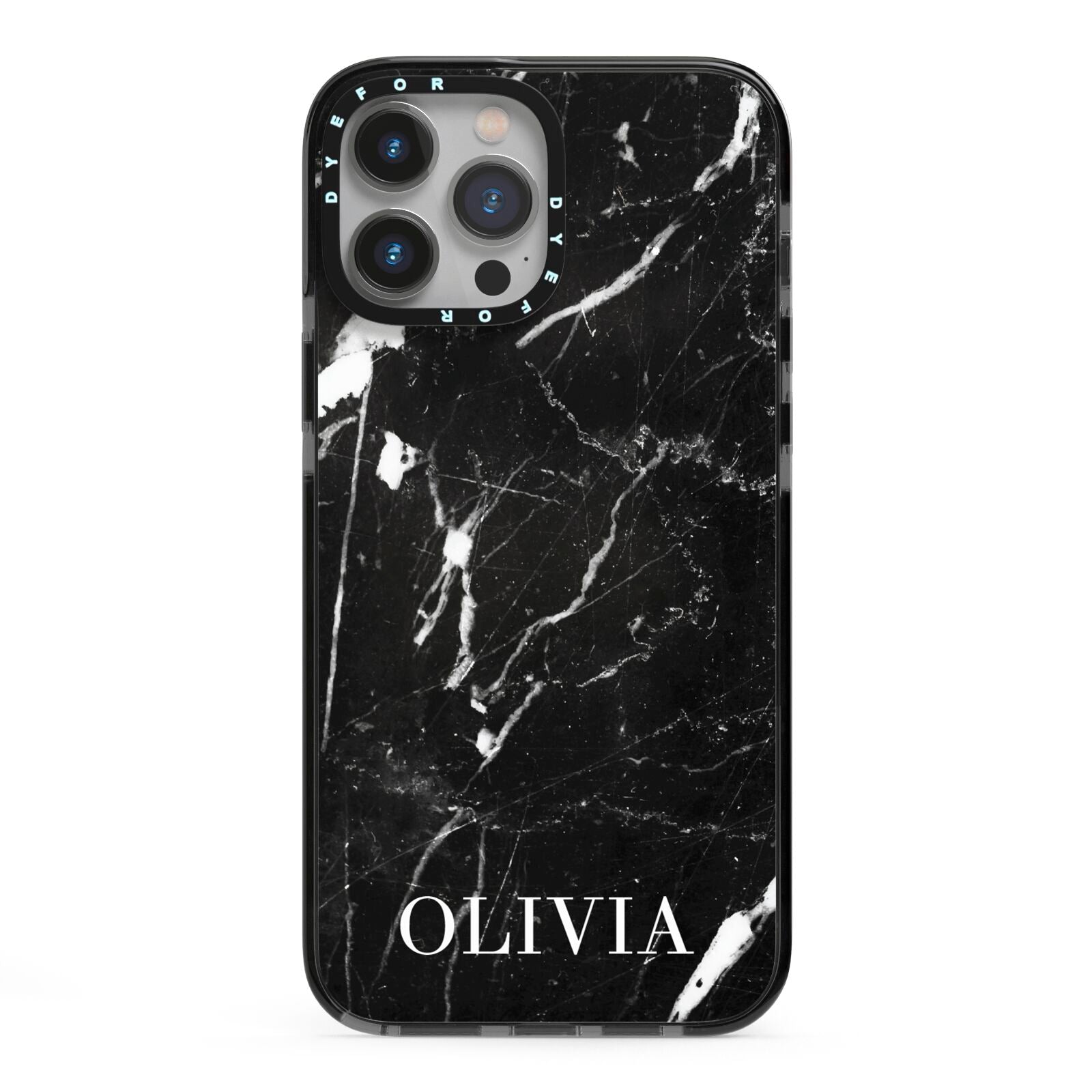 Marble Name Personalised iPhone 13 Pro Max Black Impact Case on Silver phone