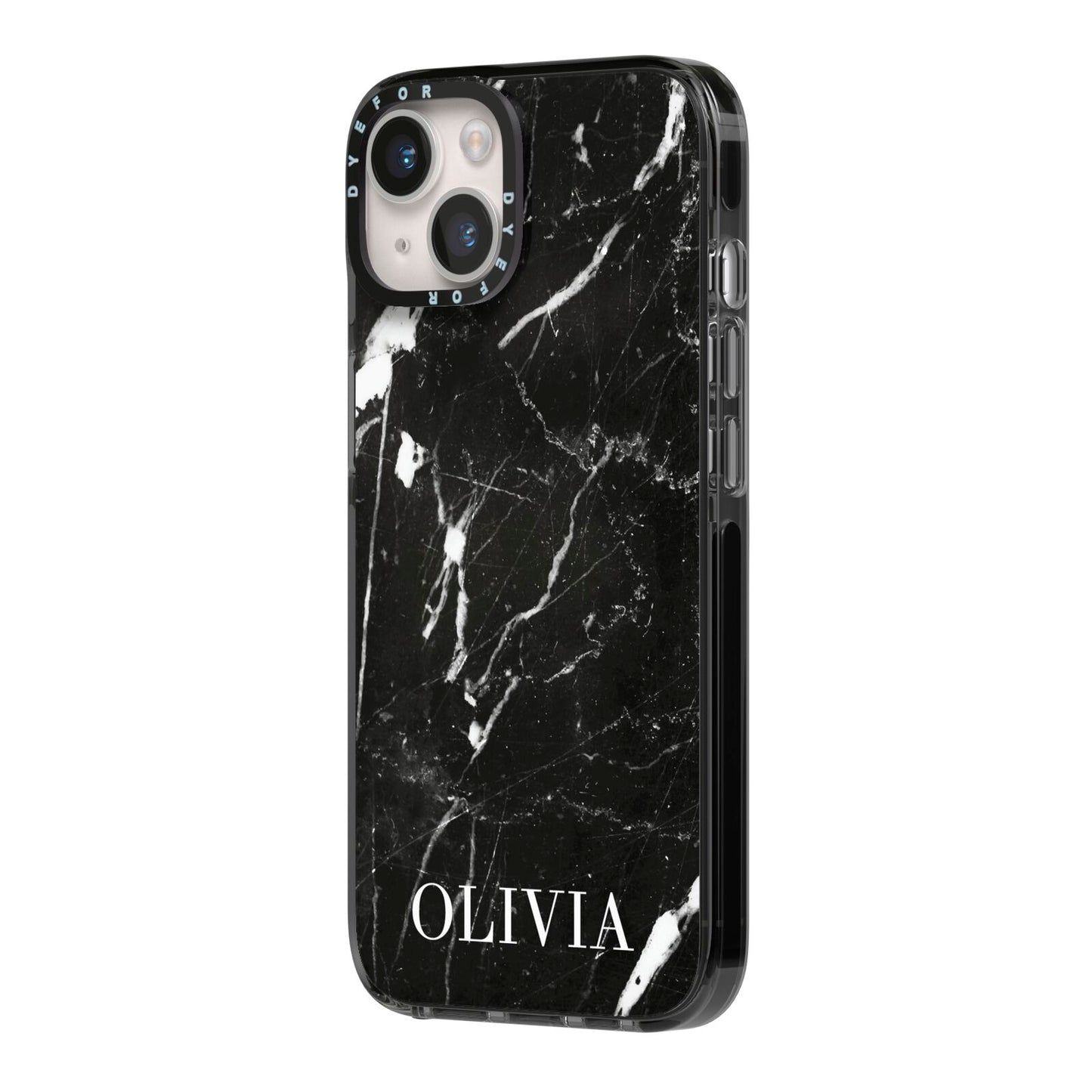 Marble Name Personalised iPhone 14 Black Impact Case Side Angle on Silver phone