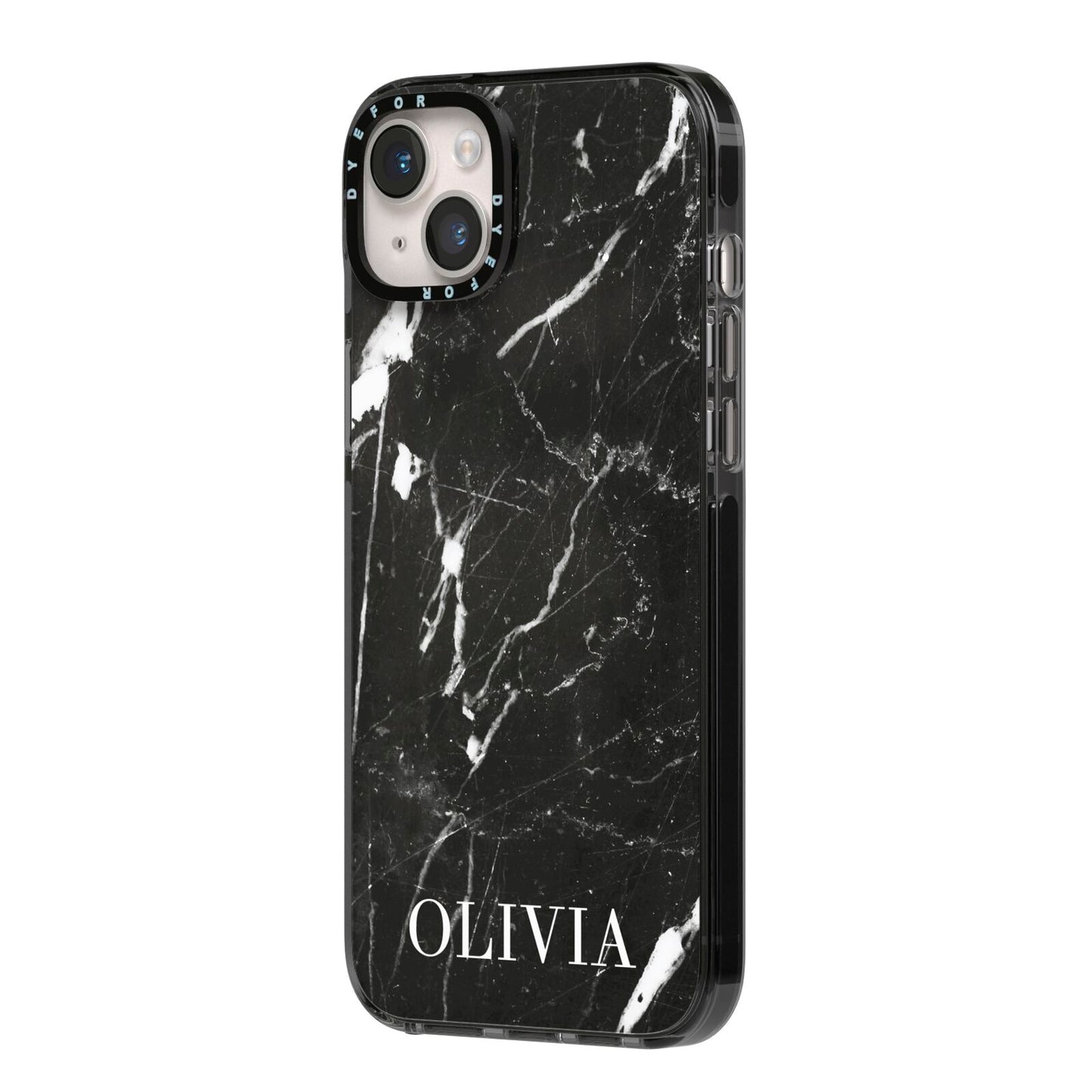Marble Name Personalised iPhone 14 Plus Black Impact Case Side Angle on Silver phone