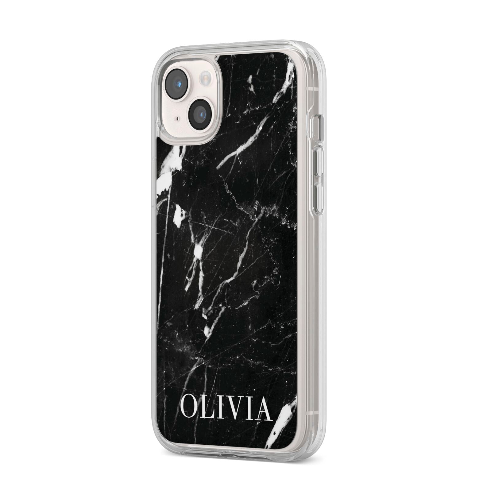 Marble Name Personalised iPhone 14 Plus Clear Tough Case Starlight Angled Image