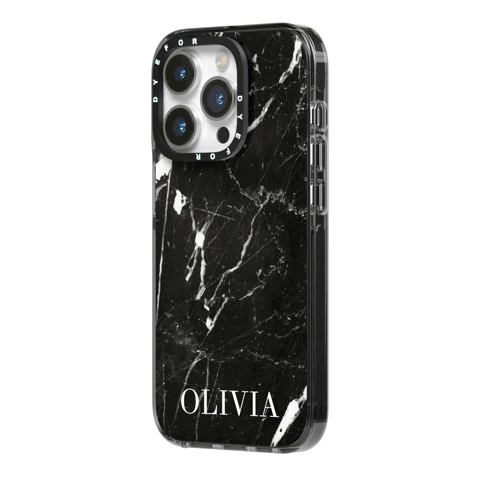 Marble Name Personalised iPhone 14 Pro Black Impact Case Side Angle on Silver phone