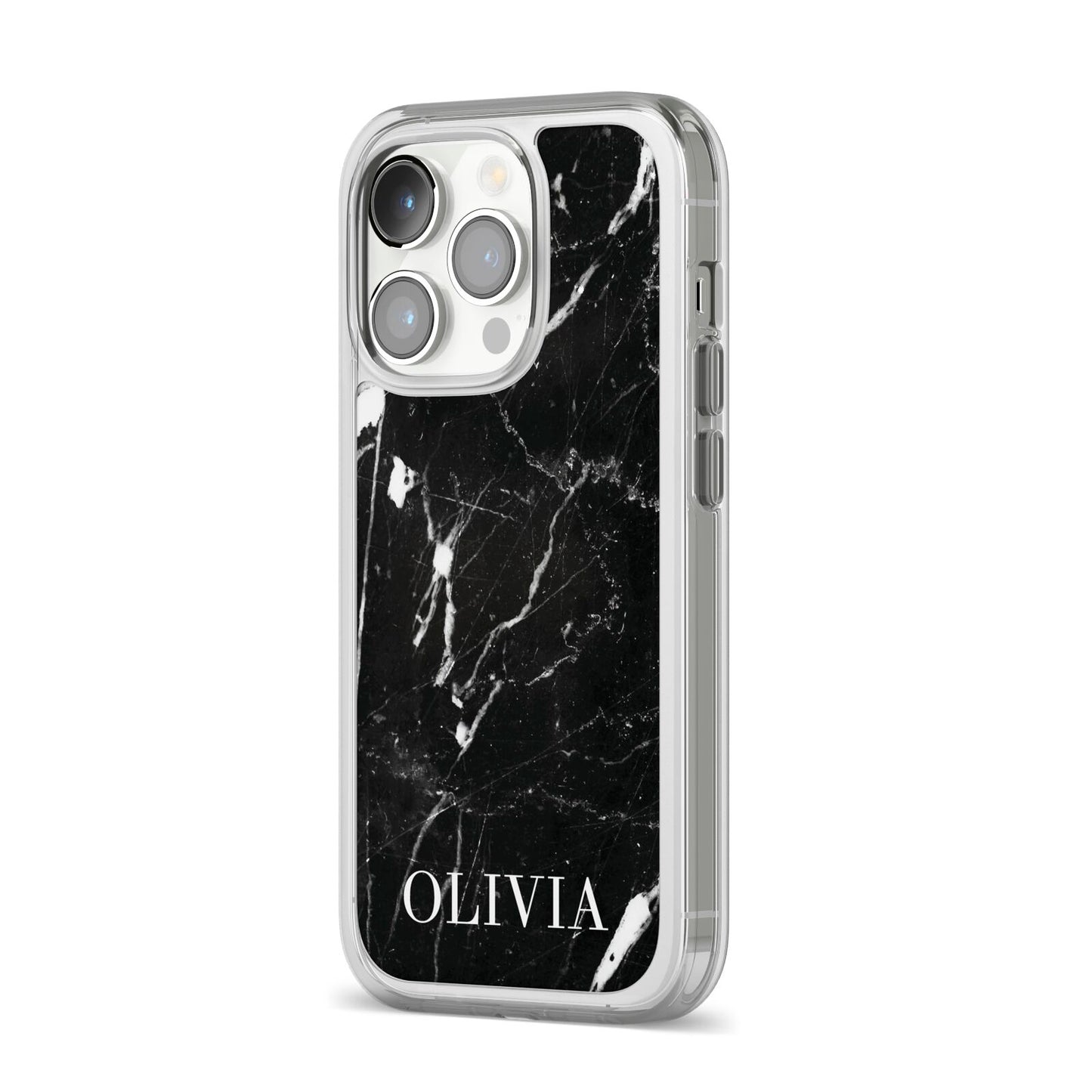 Marble Name Personalised iPhone 14 Pro Clear Tough Case Silver Angled Image