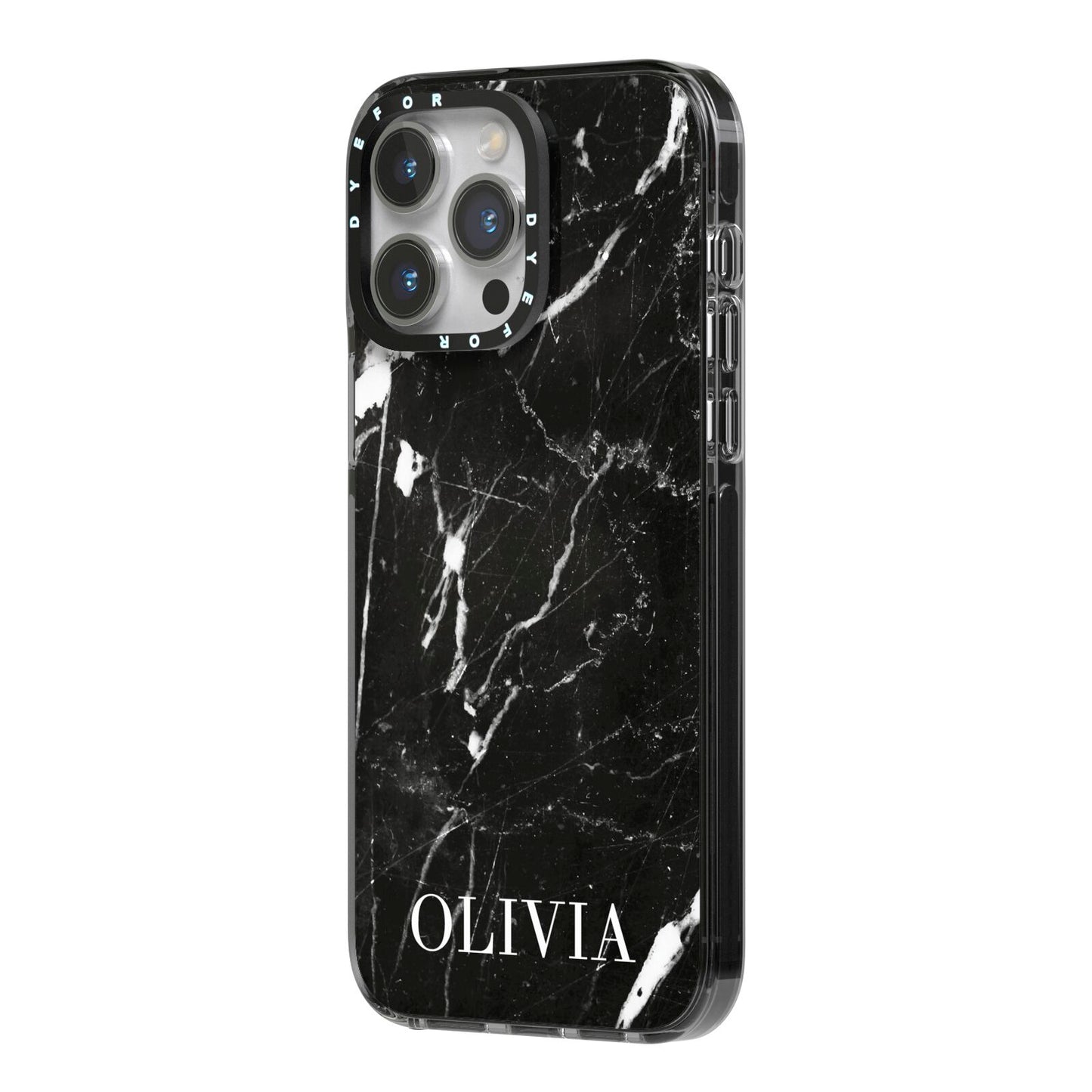 Marble Name Personalised iPhone 14 Pro Max Black Impact Case Side Angle on Silver phone