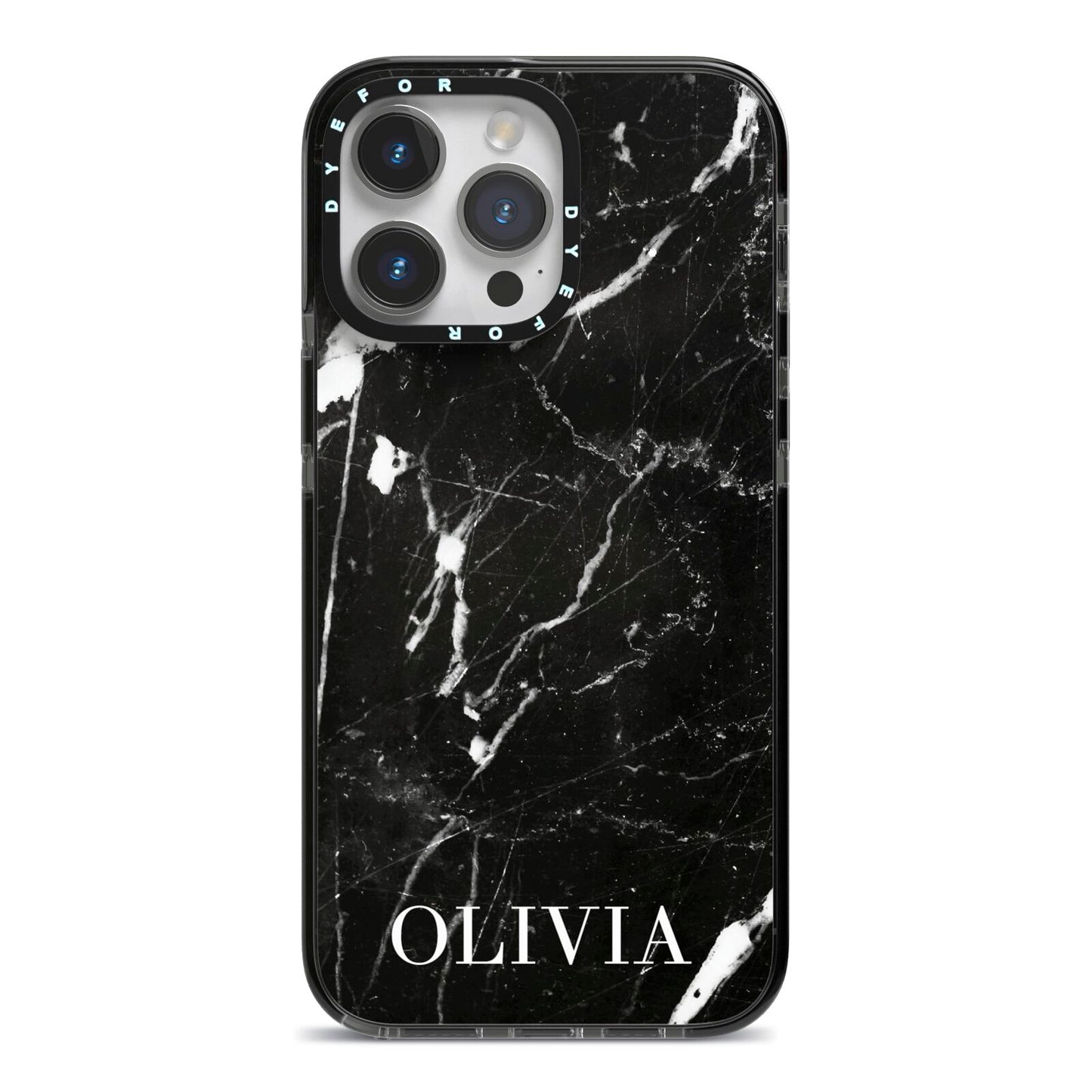 Marble Name Personalised iPhone 14 Pro Max Black Impact Case on Silver phone