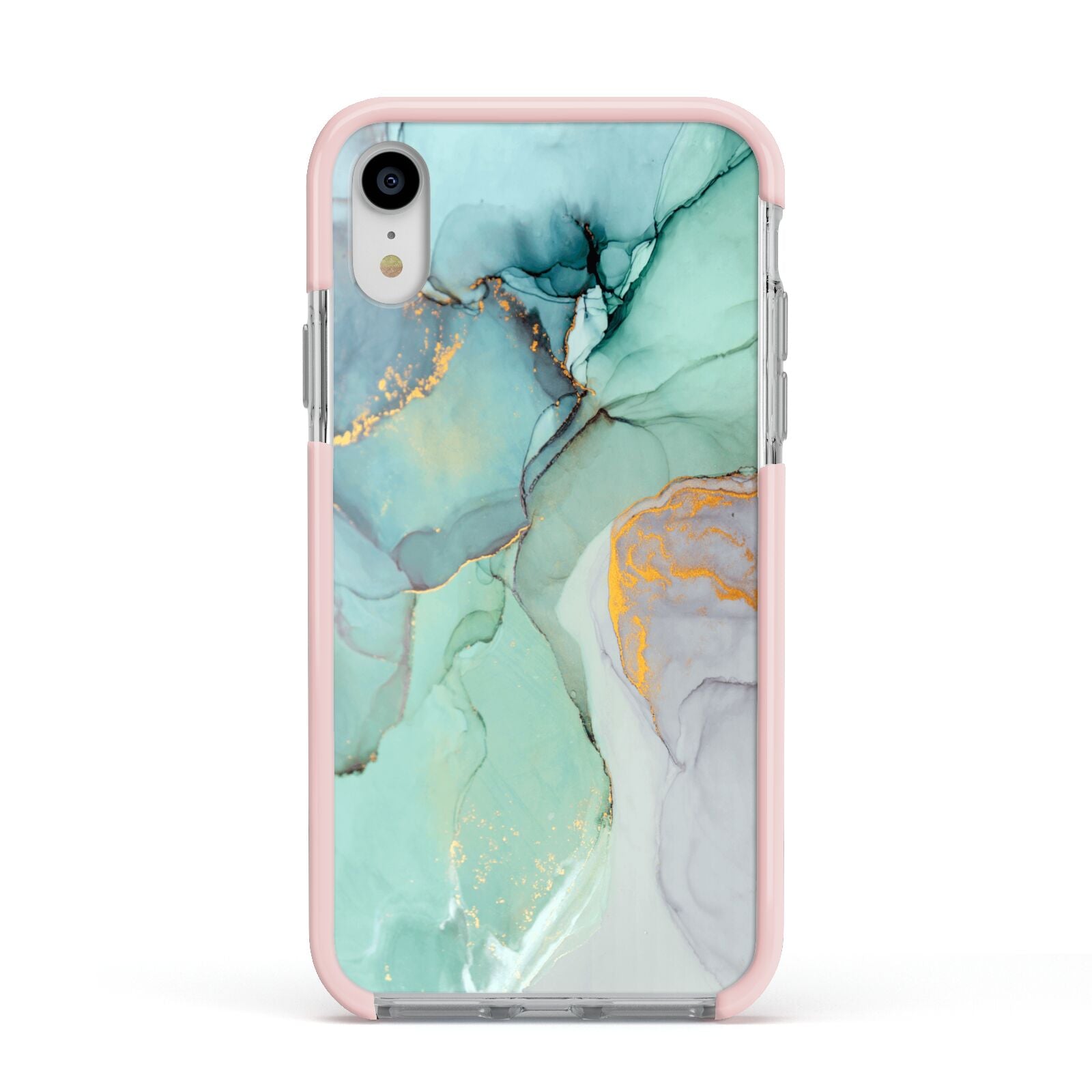 Marble Pattern Apple iPhone XR Impact Case Pink Edge on Silver Phone