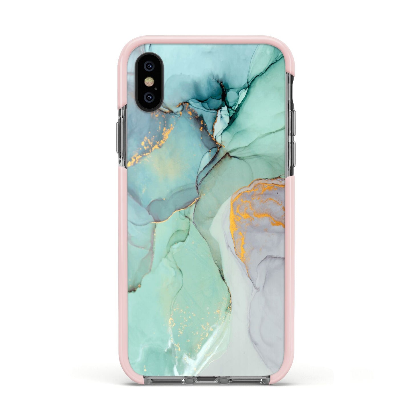 Marble Pattern Apple iPhone Xs Impact Case Pink Edge on Black Phone