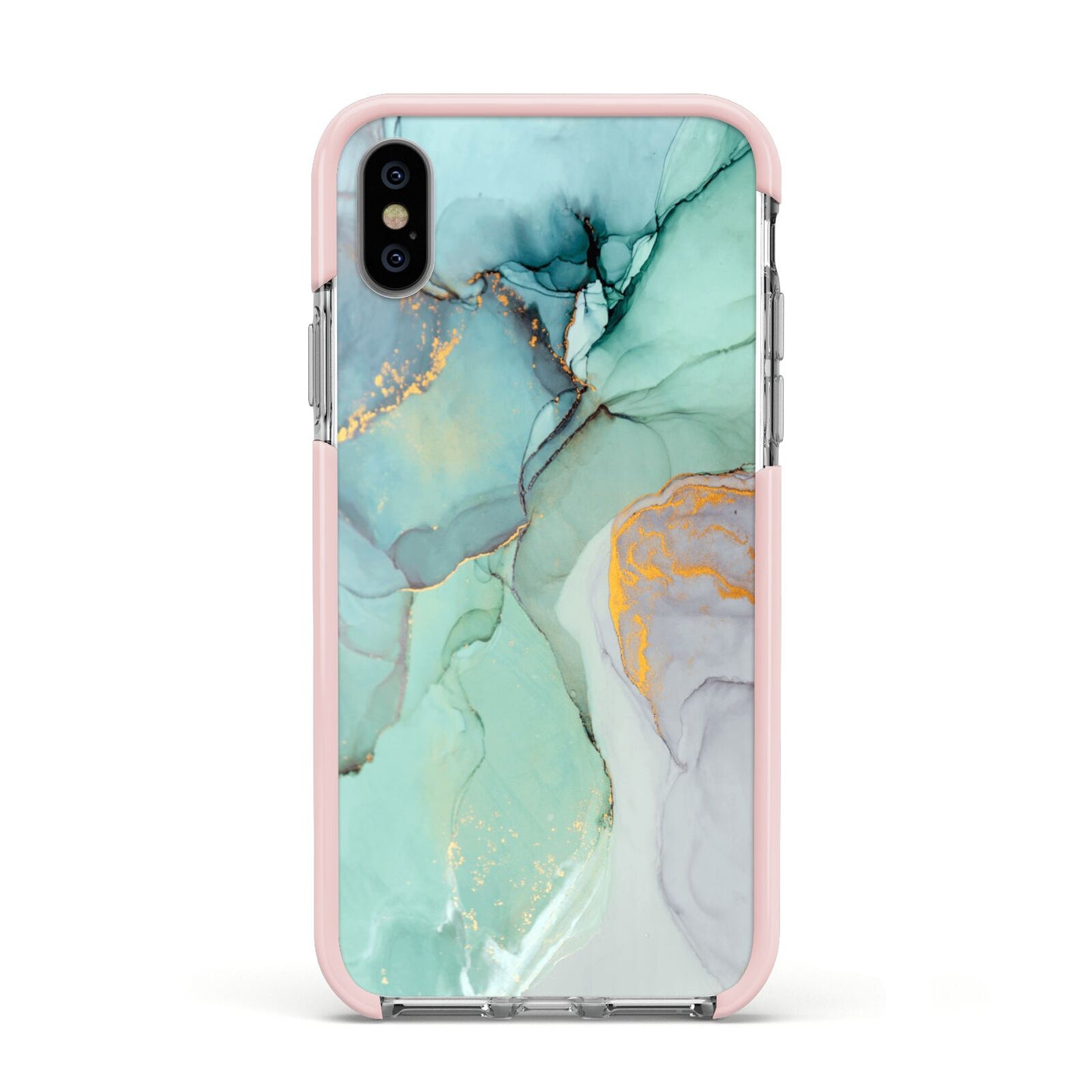 Marble Pattern Apple iPhone Xs Impact Case Pink Edge on Silver Phone