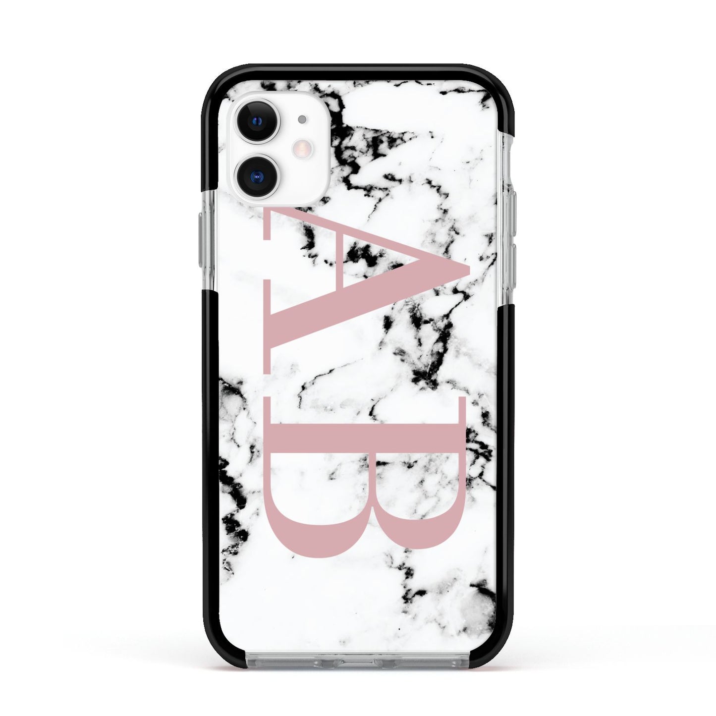Marble Pattern Pink Initials Personalised Apple iPhone 11 in White with Black Impact Case