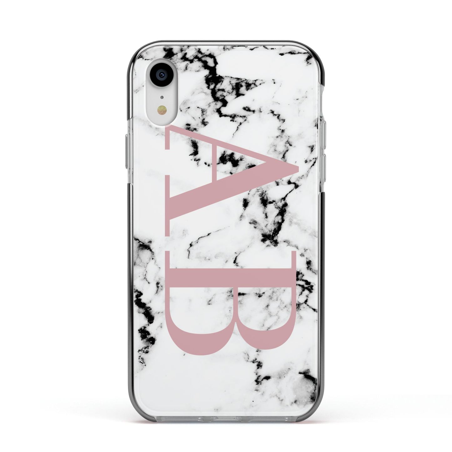 Marble Pattern Pink Initials Personalised Apple iPhone XR Impact Case Black Edge on Silver Phone