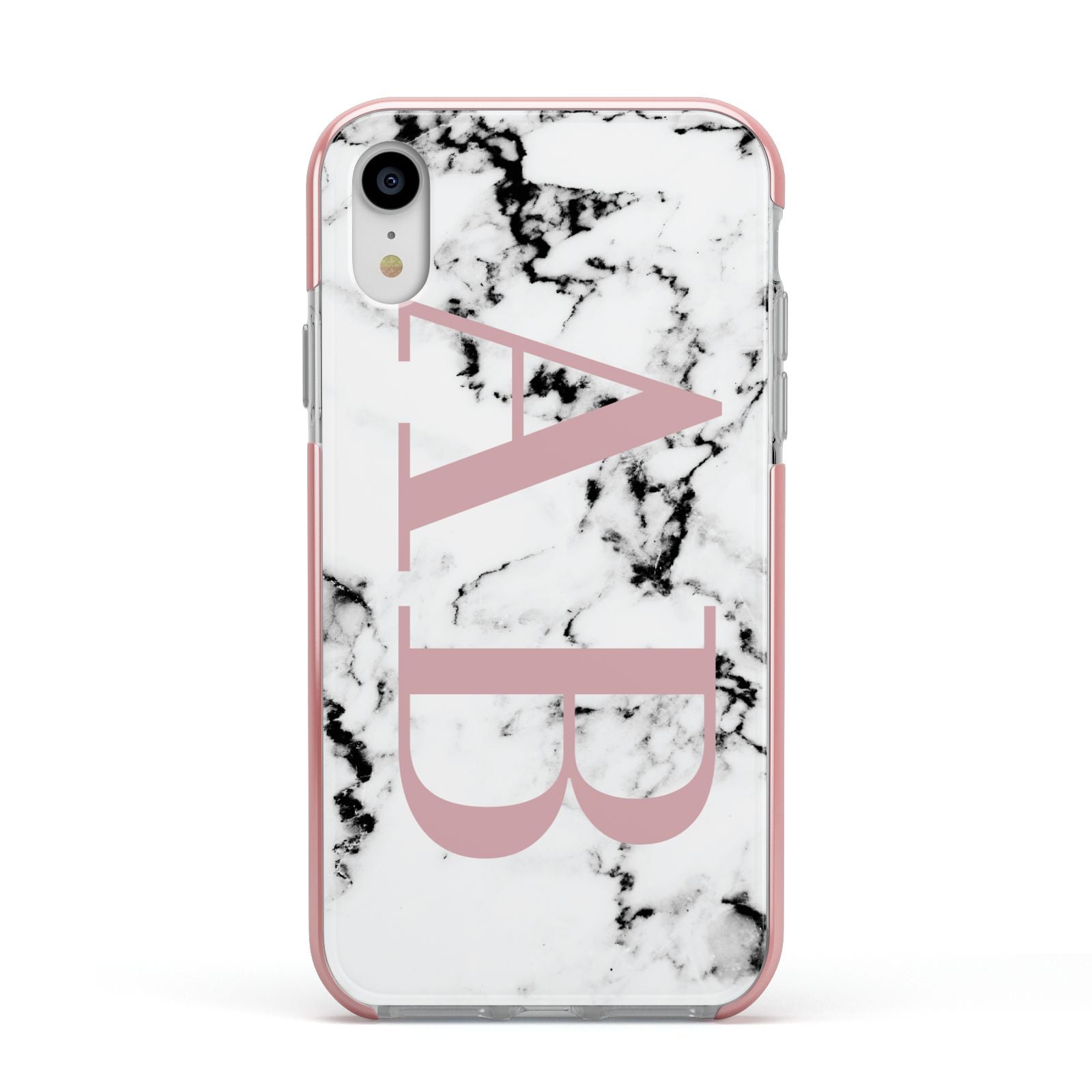 Marble Pattern Pink Initials Personalised Apple iPhone XR Impact Case Pink Edge on Silver Phone