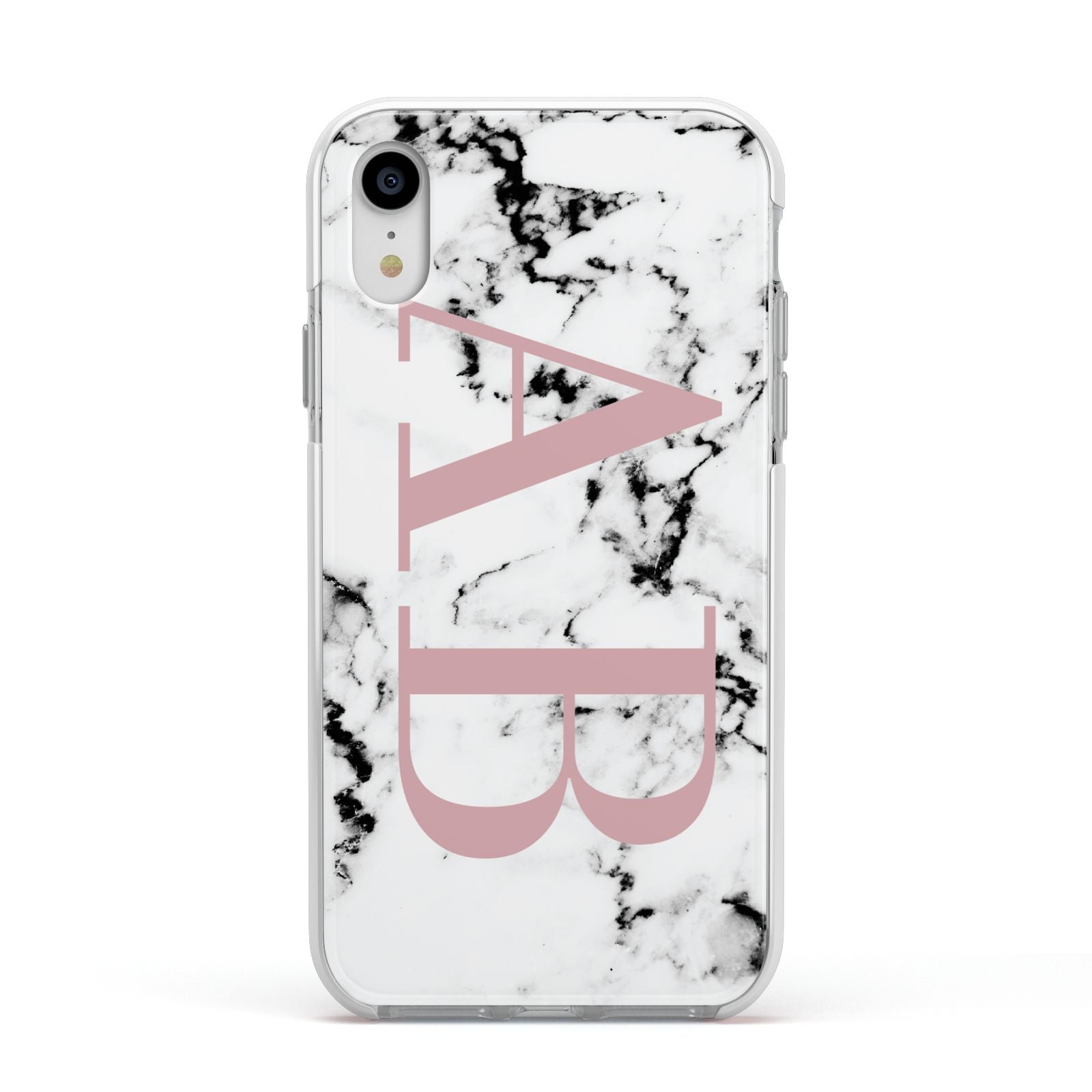 Marble Pattern Pink Initials Personalised Apple iPhone XR Impact Case White Edge on Silver Phone