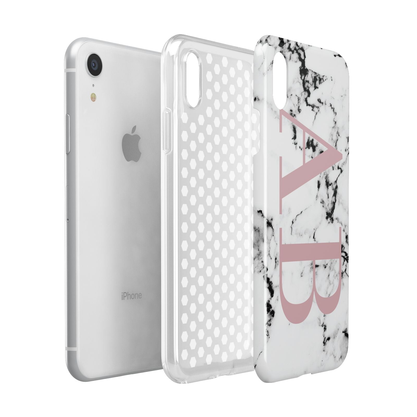 Marble Pattern Pink Initials Personalised Apple iPhone XR White 3D Tough Case Expanded view