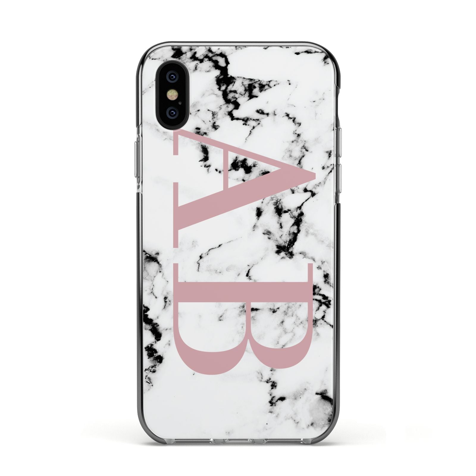 Marble Pattern Pink Initials Personalised Apple iPhone Xs Impact Case Black Edge on Black Phone