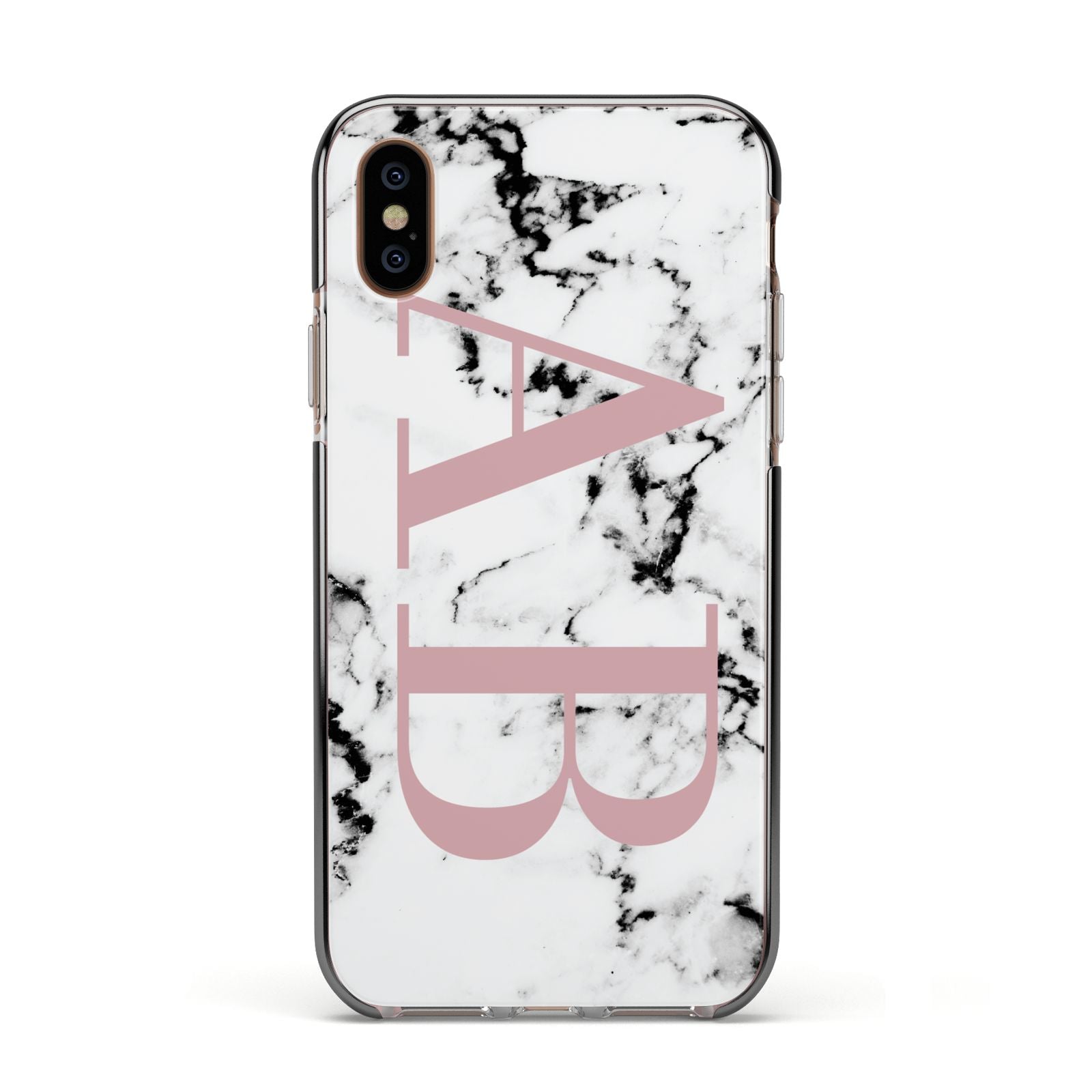 Marble Pattern Pink Initials Personalised Apple iPhone Xs Impact Case Black Edge on Gold Phone